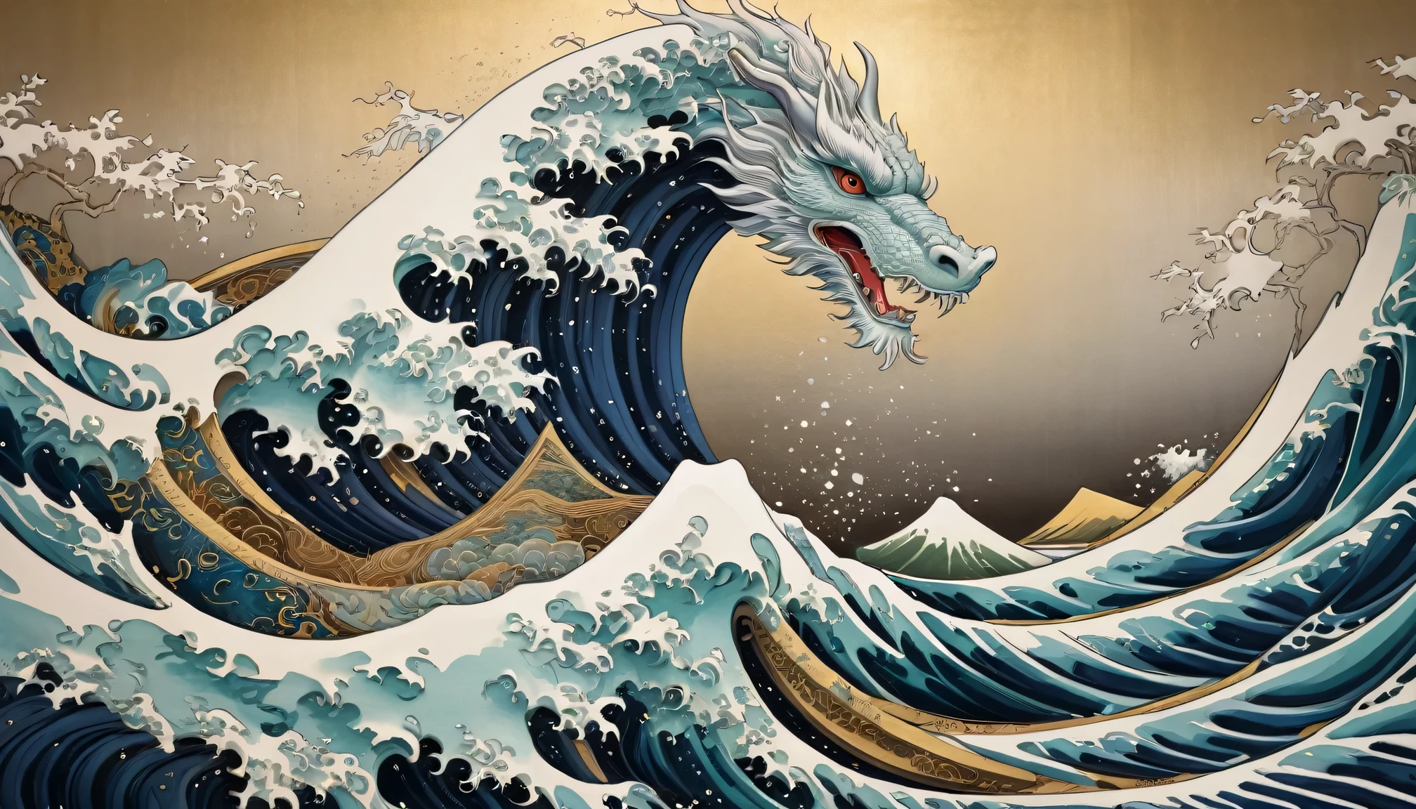 best quality,4K,high resolution,masterpiece:1.2,Super detailed,actual:1.37,traditional japanese art,Ukiyo-e,Engraving pattern,(silver dragon waves),Exquisite details,Engraving,3D effect,Elaborately crafted,majestic waves,Amazing ripple effect,elegant waves,Glamorous movement,dynamic energy,elegant curves,Fascinating interplay of light and shadow,Impressive depth and dimension,expressive facial features,calm expression,Vibrant colors and subtle gradients,Rich color palette,Great color contrast,Delicate brushwork,evocative atmosphere,peaceful and harmonious scene,complex composition,Symmetrical balance,Careful arrangement of elements,evoke a sense of tranquility and tranquility,Immersive viewing experience,Charming and captivating artwork