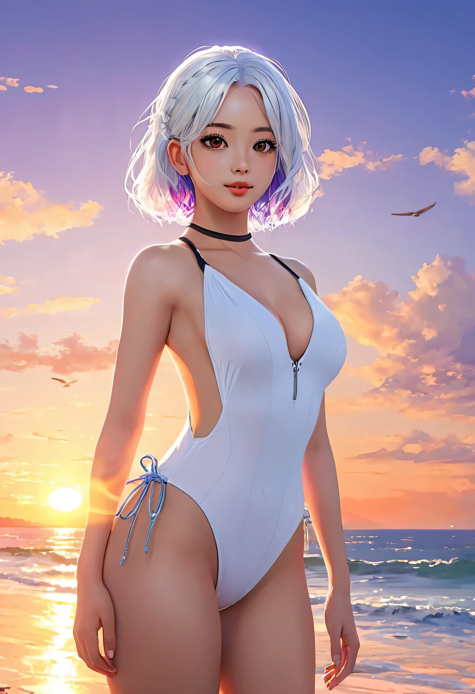 masterpiece, best quality, ultra-detailed, illustration,, hanekawashorthair, 1girl, full body, , black eyes, multicolored hair, black hair, white hair,, swimsuit,, detailed background, mksts style, beach, sunset,