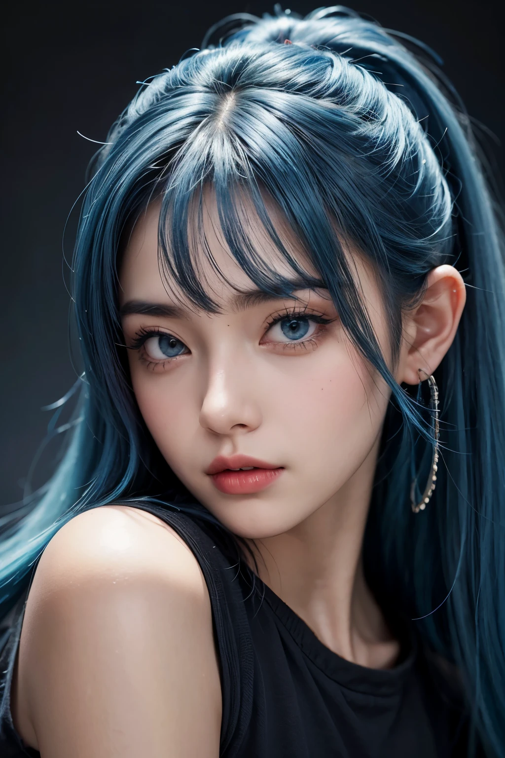 Beautiful girl posing. medium blue hair, hiphop style. hyper detailed. vibrant colors, bland look and style. head shot, facing front