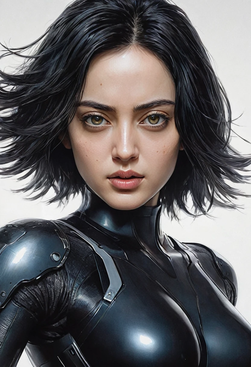 best quality,4k,8k,highres,masterpiece:1.2,ultra-detailed,realistic,photorealistic:1.37,ink style,figure,Alita,clear style,modern art,colorful ink style,thin ink lines,beautifully detailed eyes,detailed lips,artistic interpretation,graceful pose,expressive facial features,flowing ink strokes,attention to detail,contrast of light and shadow,subtle color transitions,expressive emotions,highly refined linework,dynamic composition,visual storytelling,intense expression of strength and determination,mix of vibrant and muted color tones,experimental ink techniques,impressionistic brushwork,sophisticated depiction of Alita's cybernetic enhancements,striking visual impact,fluid movement and energy,sense of depth and dimension,impeccable rendering of Alita's distinctive facial features,visually captivating,creative interpretation of Alita's character,harmonious composition,contemporary fusion of ink art and futuristic aesthetics,engaging narrative hinted through symbolic elements,assured and confident brushwork,digitally enhanced ink textures,striking use of negative space,chromatic harmonies to convey mood and atmosphere,eye-catching color pops against monochromatic tones,impressionistic rendering of background elements.