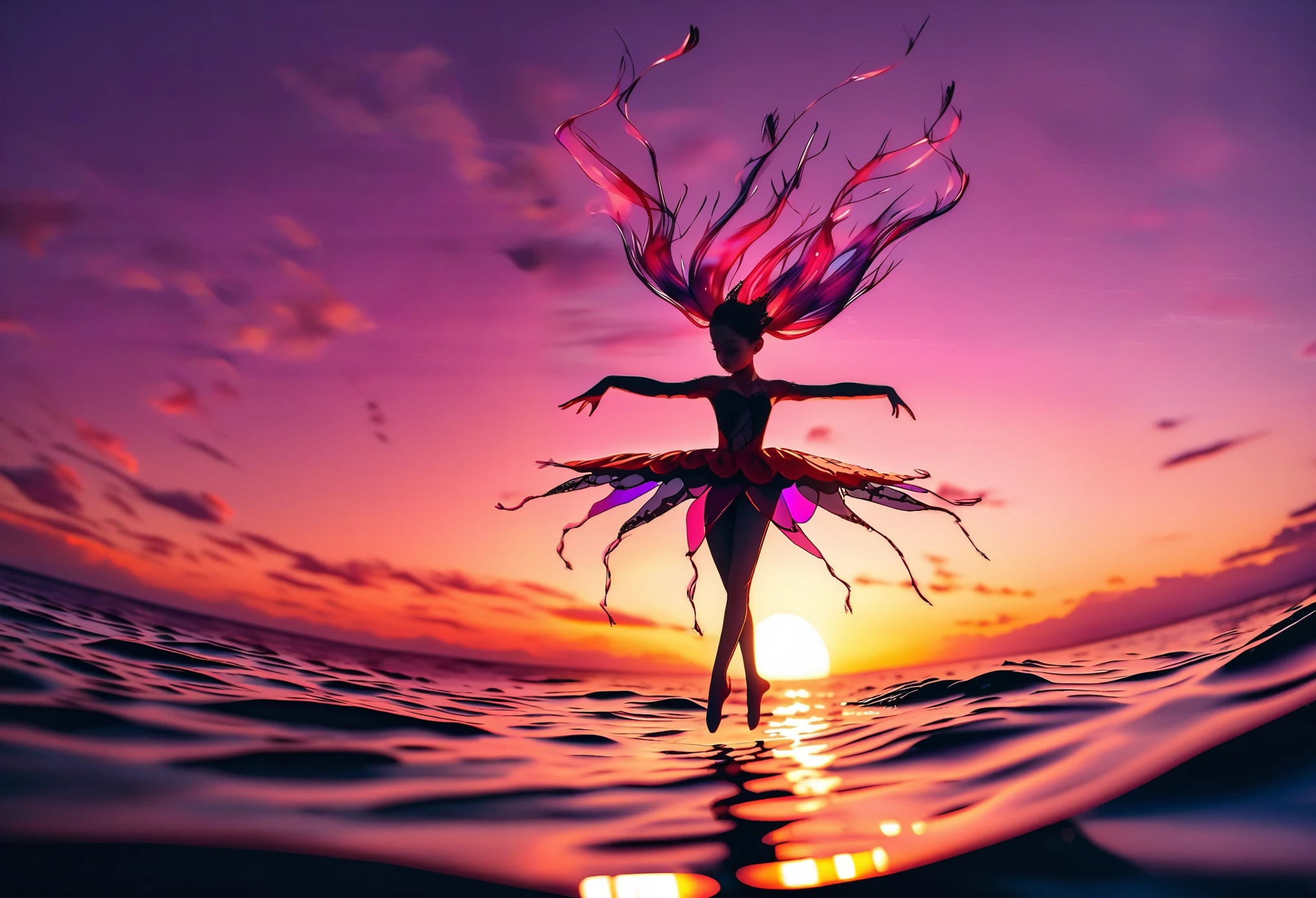 Elegant cybergoth ballerina dances delicately as if completely weightless in the middle of (surface of the ocean:1.3), black and red, dramatic photography, sunset, backlit, red and purple hues