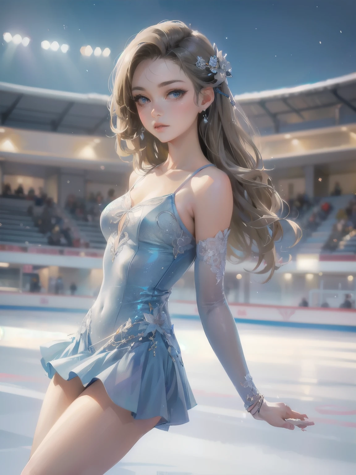 high quality,HD,16k,sharp lines,1 girl,Female figure skate athlete ,cute face, large breasts, nice legs,At the figure skate venue,focus girl,detailed beautiful face,detailed clothes,beautiful eyes,cool,dynamic angle