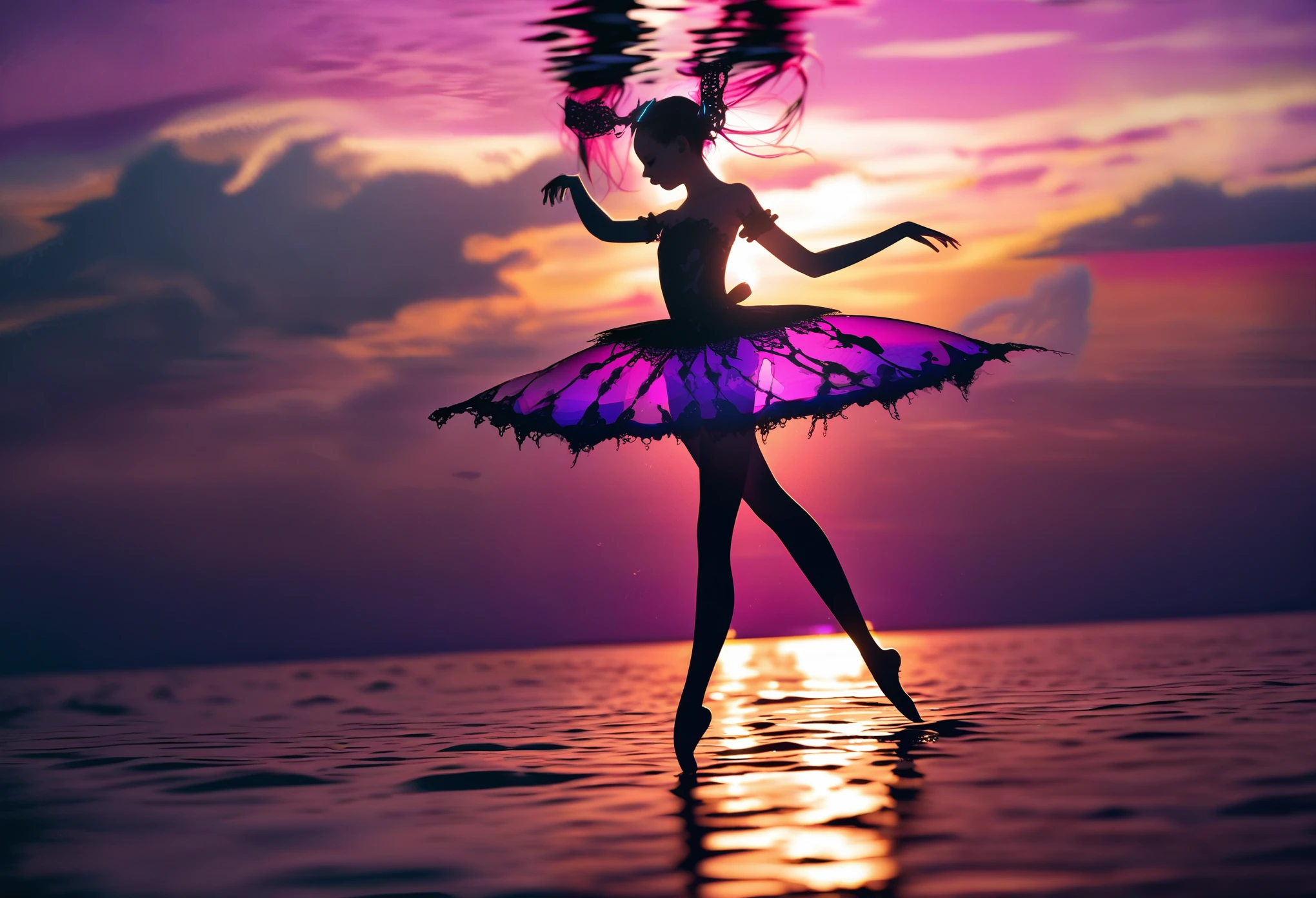 Elegant cybergoth ballerina dances delicately as if completely weightless in the middle of (surface of the ocean:1.3), black and red, dramatic photography, sunset, backlit, red and purple hues