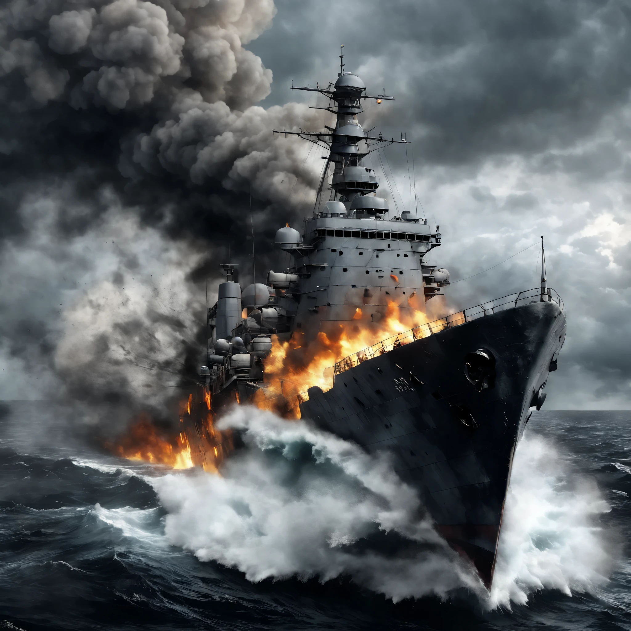 a sinking military cruiser,(best quality,ultra-detailed,realistic,highres),modern warship,sinking,stormy sea,damage,huge waves,dark clouds,desperation,chaos,explosions,smoke and fire,ominous atmosphere,(long distance view, aerial view)