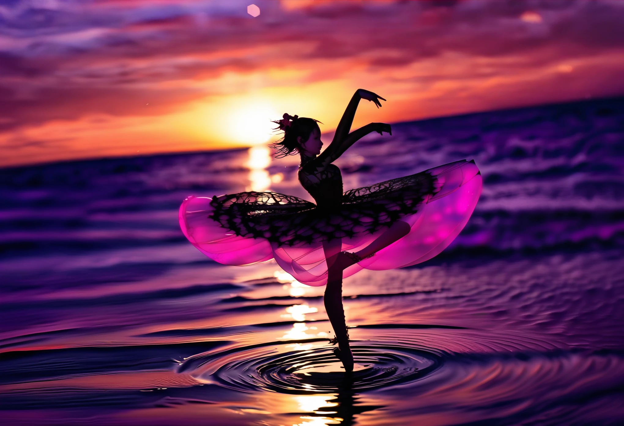 Elegant cybergoth ballerina dances delicately as if completely weightless in the middle of (surface of the ocean:1.3), black and red, dramatic photography, sunset, backlit, red and purple hues