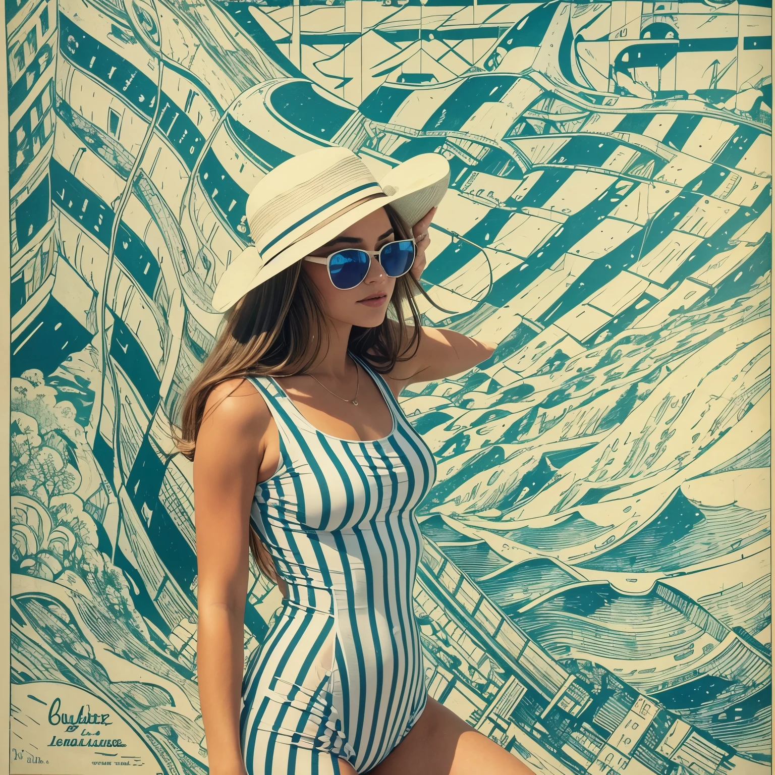 Magnifique jeune femme, en maillot une pièce blanc avec des rayures bleu-marine, vintage, 1970, petits seins, corps parfait, largr chapeau blanc, lunettes de soleil, made up