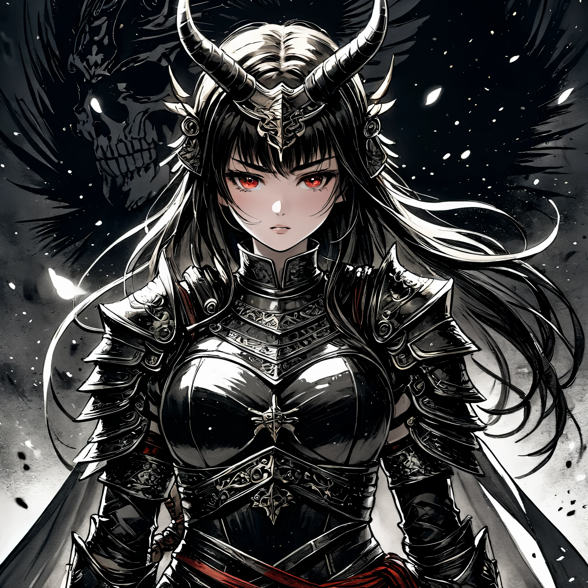 (Pencil_Sketch:1.2, messy lines, greyscale, traditional media, sketch),center of screen，A girl warrior stands proudly。She wears dark armor，A cold sheen shines between the nails，Contrasts with surrounding dark tones。Her head and horns shine with golden light，Like the brightest star in the night sky，even in darkness，Nor can it conceal its brilliance。

Her left hand holds the hilt of the sword tightly，The tip of the sword touches the ground lightly，Supporting the crumbling body。Lean forward slightly，As if he was using up his last bit of strength to stay standing。on her right arm，Blood slowly flowed down between the fingers，Dyeing the armor and palms red，But her expression was firm and decisive，Clench your teeth，Reluctant to show any weakness。

Her eyes are the most shocking part。in those bright eyes，Full of unyielding and perseverance。Her gaze looked straight ahead，As if glaring at an invisible enemy，Even if defeated，Her proud head will never bow。

In the background，Splashes of blood surround the girl warrior，forming a tragic and shocking picture。The color of the blood contrasts with the dark color of the armor，It further highlights her bravery and unyielding。These bloodstains seem to be traces of her battle，Recording the fierceness and cruelty of her fight with the enemy。

The whole work through delicate description and profound connotation，It shows the heroic image of a girl warrior who is defeated but unwilling to give in.。Her tenacity and unyieldingness are touching，Make people full of respect and admiration for her。