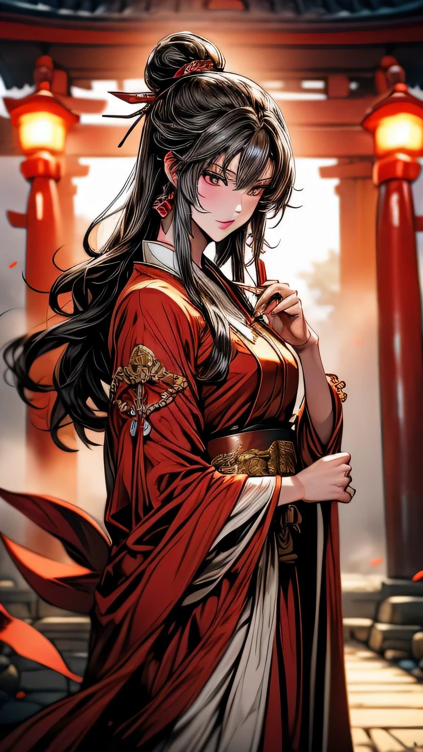 A woman in a red and white dress standing in front of a red gate ...