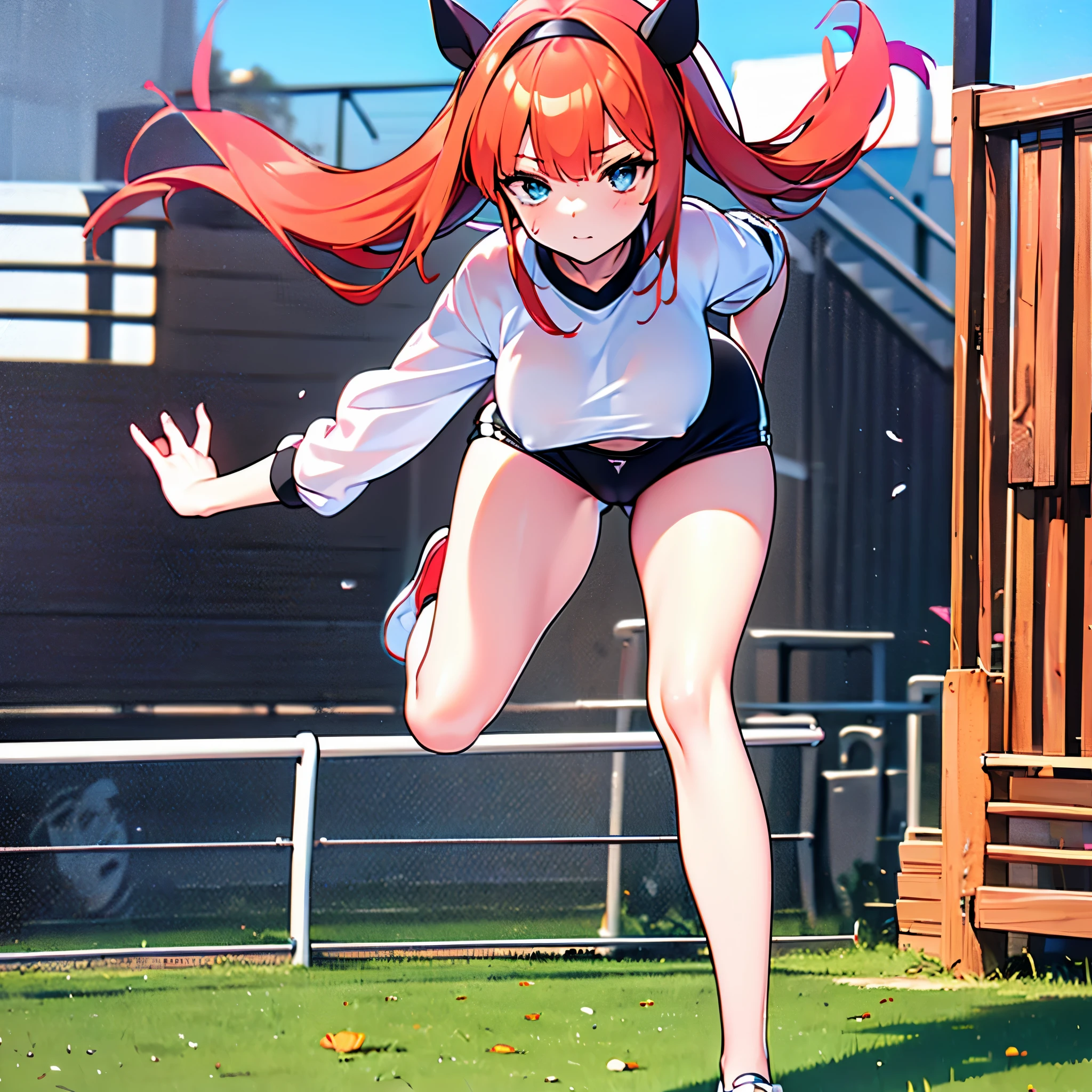 (1 Silence Suzuka running at field,) uma-musume, (solo:1.3), orange long hair, (bouncing unaligned huge breasts:1.2), white gym uniform, (tight short black brm:1.7), cameltoe, skinny, (bared skinny long legs), masterpiece