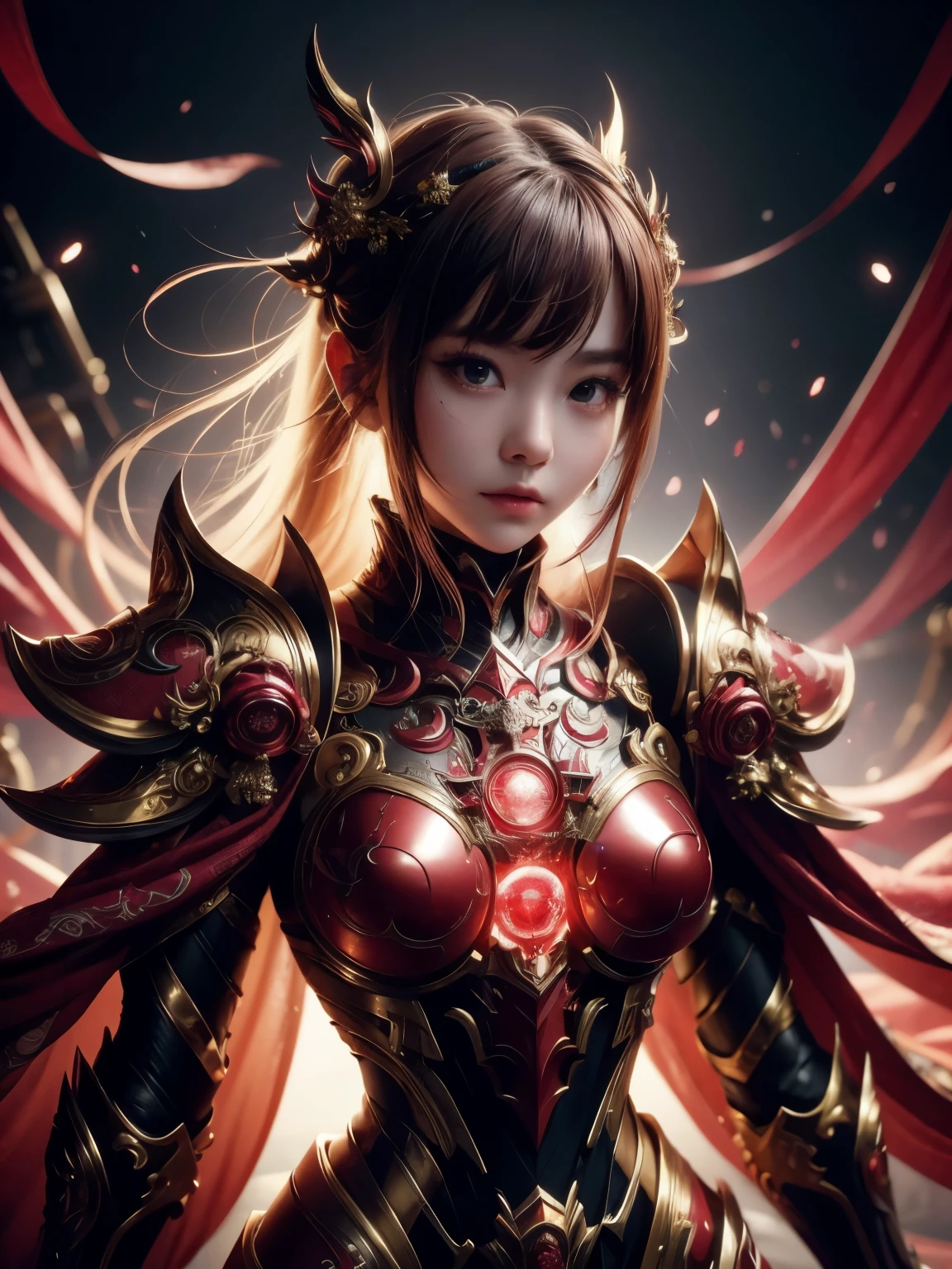 A woman in armor with a red light on her chest - SeaArt AI