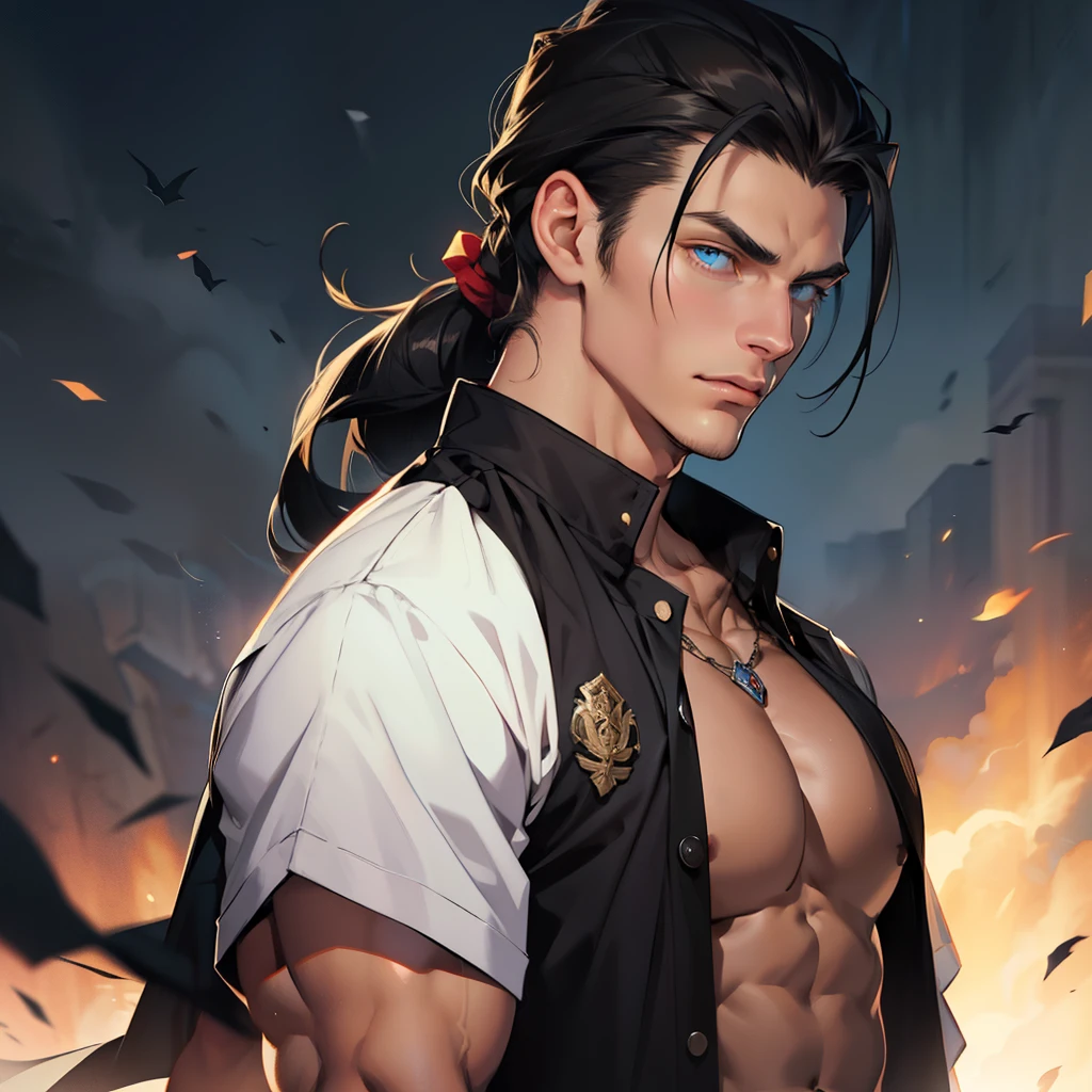(((Solo character image.))) (((Generate a single character image.))) Amazingly handsome, sexy and sexually appealing male character. (((Shoulder length sexy hair.))) (((Wearing a fantasy style vest.))) Generate a stunning and seductive image of a male fantasy character for a setting such as Dungeons & Dragons. This is to be the perfect picture of a male adventurer in a high fantasy setting. In this image the heartthrob stud stands tall with broad shoulders and a chiseled chest that leaves women weak at the knees. He has an air of unbridled sensuality. He wears rugged yet stylish clothing that accentuates every curve of his muscular physique - emphasizing his dangerous edge without revealing it outright. This male fantasy character is the kind of man women dream about - sexy, charming, and just a little bit dangerous. The artwork captures both his physical perfection and irresistible allure in equal measure, making it impossible for any woman to resist him. His abs, chest and crotch area are perfect tools in his seductive arsenal. As this heartthrob stud walks through the dimly lit streets, he leaves a trail of infatuated women and jealous admirers behind him. His confidence and charm are palpable, as though he knows exactly how much power he wields over those around him. And indeed, it's not just his good looks that make him so captivating - it's the sense of danger that seems to radiate from his very being. Women can feel it in their bones - this is a man who thrives on taking risks, pushing boundaries, and exploring their deepest desires. Whether it's in bed or in life, this heartthrob stud is always up for a thrill…and he'll take anyone willing to join him along for the ride!Tattoos.,Handsome male