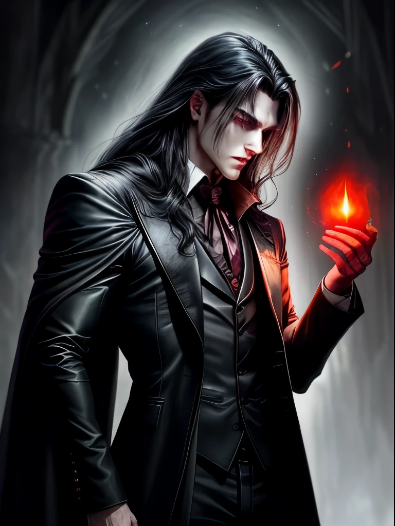 Create an image of a handsome vampire who has just emerged from their slumber. The vampire should be depicted as a creature of elegance and power, with long, flowing hair and sharp, angular features. Their skin should be pale and flawless, with a subtle hint of otherworldliness. The vampire's eyes should be deep and alluring, with a predatory gleam that hints at their insatiable thirst for blood. They should be dressed in attire that is both modern and timeless, with a style that suggests a long history of living among humans. As they emerge from their slumber, the vampire should be shown with a sense of calm confidence, exuding an aura of danger and intrigue. The background should be shrouded in shadow, with just a hint of moonlight filtering through the darkness. In the vampire's hand, there should be a small vial of blood, freshly drawn from their latest victim. The vampire should appear both satisfied and slightly unnerved by their own hunger, as though they are aware of the danger they pose to those around them.