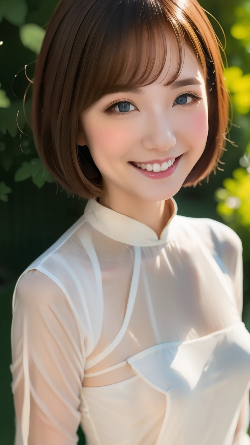 table top, highest quality, High resolution,Portrait, (((Detailed description、8K resolution))), (((Beautiful face drawn in every detail))),full body angle,no makeup、no makeup、natural makeup、grinning expression、alone, bright light blue eyes, ((beautiful silky silver hair、short bob、short cut hair))、(((Beautiful Ao dai:1.3、Ao dai,Beautiful White Ao dai)))、outdoor、Lake Lotus