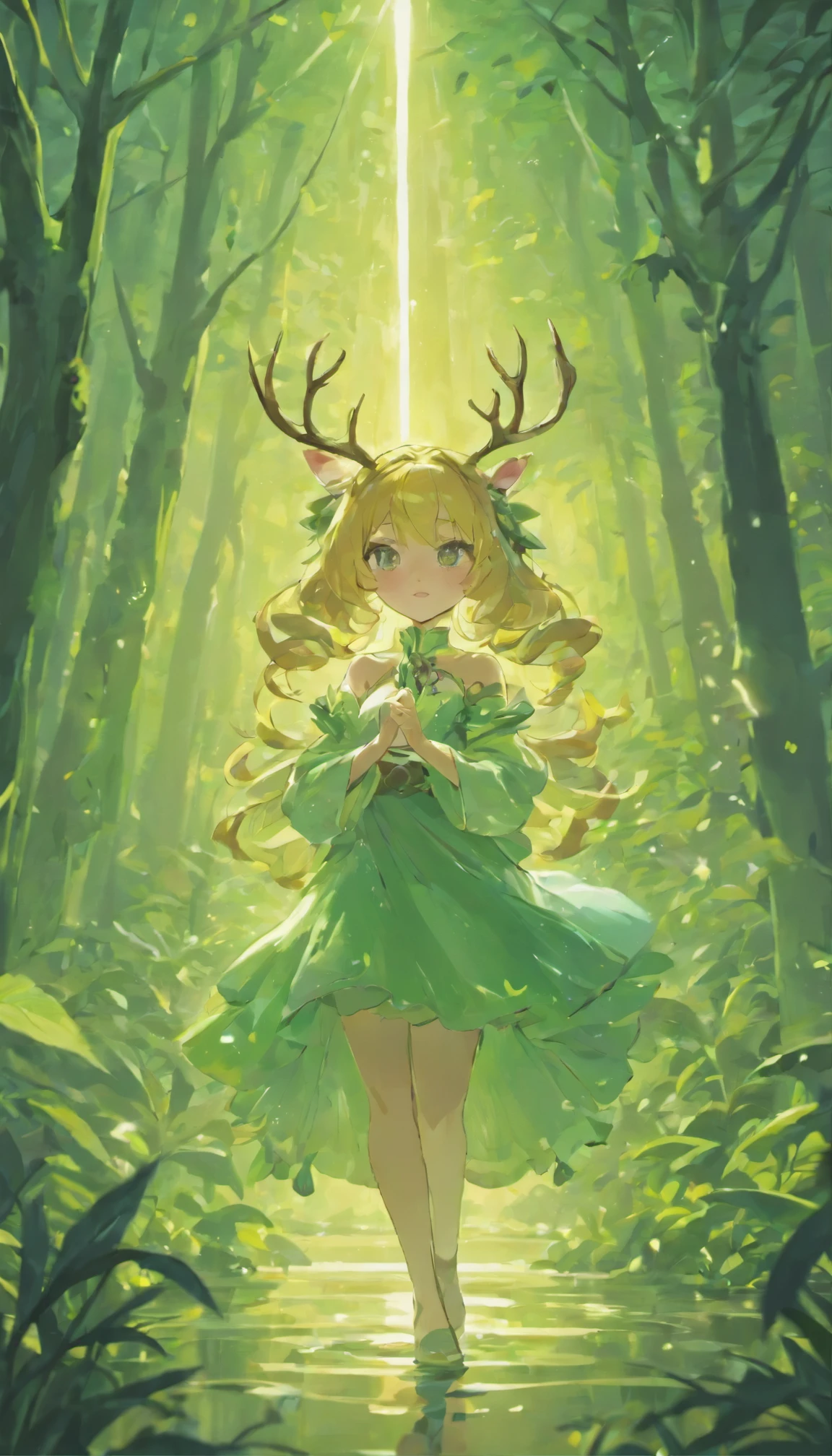 masterpiece, best quality, (Very detailed CG unified 8k wallpaper), (best quality), (Best Illustration), (best shadow), glowing elf with a glowing deer, drinking water in swimming pool, nature元素 in forest theme. mysterious forest, beautiful forest, nature, surrounded by flowers, delicate foliage and branch surrounded by firefly (nature元素), (jungle theme), (foliage), (branch), (firefly), (particle effect) and other 3D, octane rendering, Ray tracing, super detailed , deer