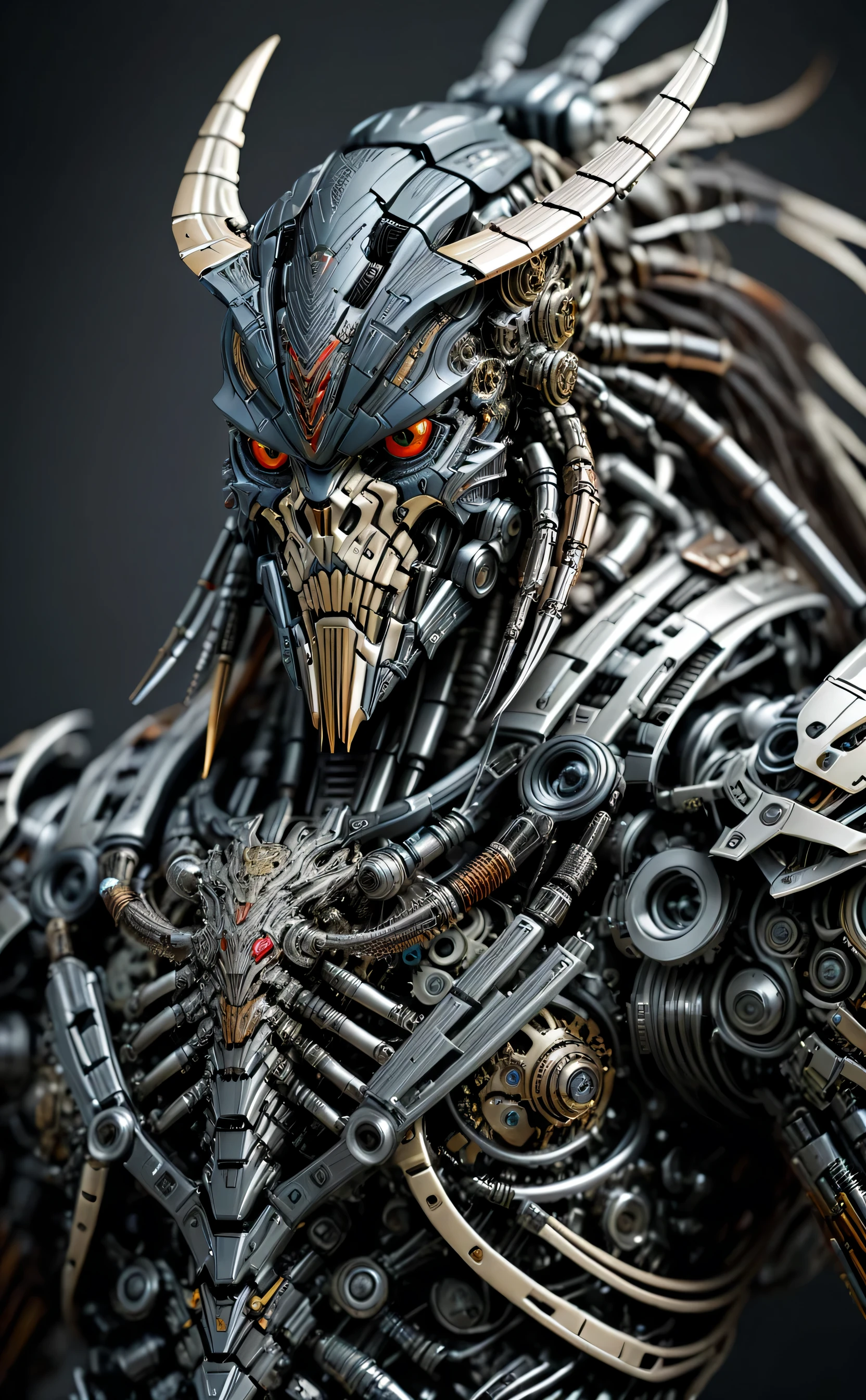 A dark fantasy devil predator,looking at viewer,photographic,ultra detail,full detail,8k best quality,realistic,8k,micro intricate details,predator mixed with terminator , mechanical parts,mecha