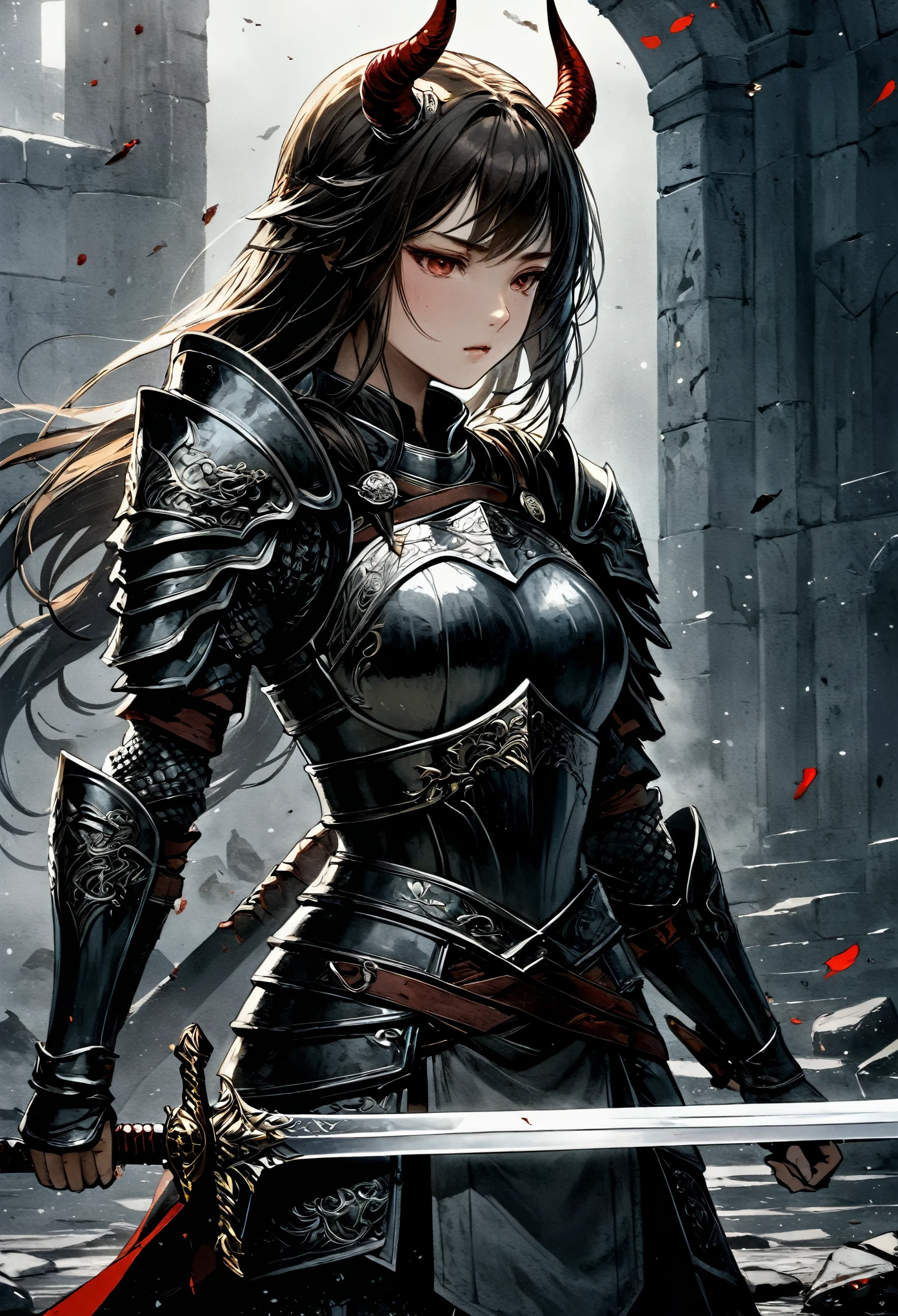 center of screen,A girl warrior stands proudly。She wears dark armor,A cold sheen shines between the nails,Contrasts with surrounding dark tones。Her head and horns shine with golden light,Like the brightest star in the night sky,even in darkness,Nor can it conceal its brilliance。
Her left hand holds the hilt of the sword tightly,The tip of the sword touches the ground lightly,Supporting the crumbling body。Lean forward slightly,As if he was using up his last bit of strength to stay standing。on her right arm,Blood slowly flowed down between the fingers,Dyeing the armor and palms red,But her expression was firm and decisive,Clench your teeth,Reluctant to show any weakness。
Her eyes are the most shocking part。in those bright eyes,Full of unyielding and perseverance。Her gaze looked straight ahead,As if glaring at an invisible enemy,Even if defeated,Her proud head will never bow。
In the background,Splashes of blood surround the girl warrior,forming a tragic and shocking picture。The color of the blood contrasts with the dark color of the armor,It further highlights her bravery and unyielding。These bloodstains seem to be traces of her battle,Recording the fierceness and cruelty of her fight with the enemy。
The whole work through delicate description and profound connotation,It shows the heroic image of a girl warrior who is defeated but unwilling to give in.。Her tenacity and unyieldingness are touching,Make people full of respect and admiration for her。