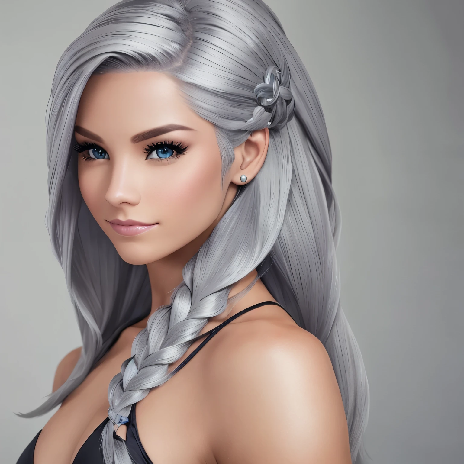 Personaje de Elsa con pelo largo color gris suelto, pechos grandes, bikini gris,ojos brillantes, lamiendo un dedo
