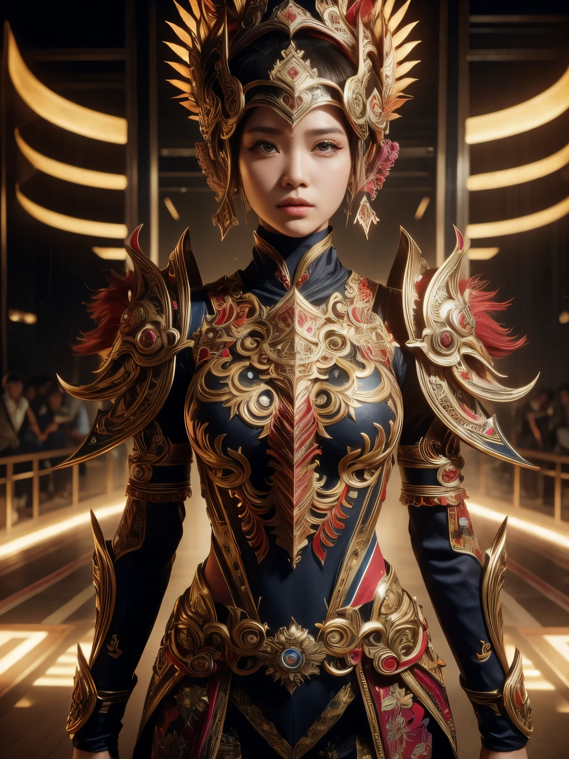 An Indonesian-styled futuristic suit worn by a girl depicting cultural fusion and modern fashion. The suit is adorned with intricate patterns and vibrant colors, showcasing the rich heritage of Indonesia. The girl stands confidently in a dynamic pose, with her detailed eyes reflecting determination and curiosity. The suit's material is a combination of traditional textiles and futuristic synthetic fabrics, giving it a unique and avant-garde appearance. The overall image quality is of the highest standard, with sharp focus and ultra-detailed rendering. The artwork employs physically-based rendering techniques, resulting in realistic lighting and shadows. The colors are vivid and vibrant, capturing the essence of Indonesian cultural aesthetics. The background features a fusion of modern architecture and traditional elements, creating a harmonious blend of the past and the future. The prompt explores the intersection of Indonesian culture, futuristic design, and the artistic representation of a confident girl