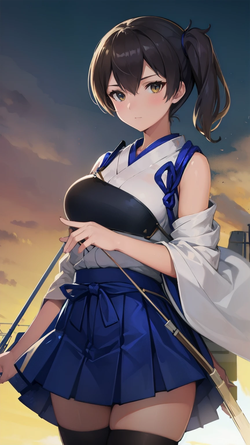 Kaga(Fleet Collection),highest quality, masterpiece, High resolution,kimono,blue skirt,side ponytail