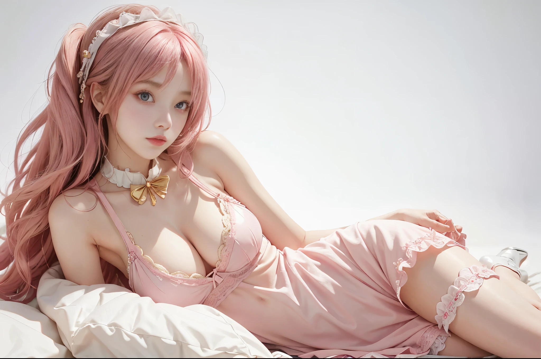A super delicate and cute girl with pink hair wearing a ta dress, Detailed and luxurious loliress, The hem of the dress is wide open, big eyes, golden ratio body with big breasts, perfect anatomy. 8k ultra high resolution, delicate texture, pure white background,