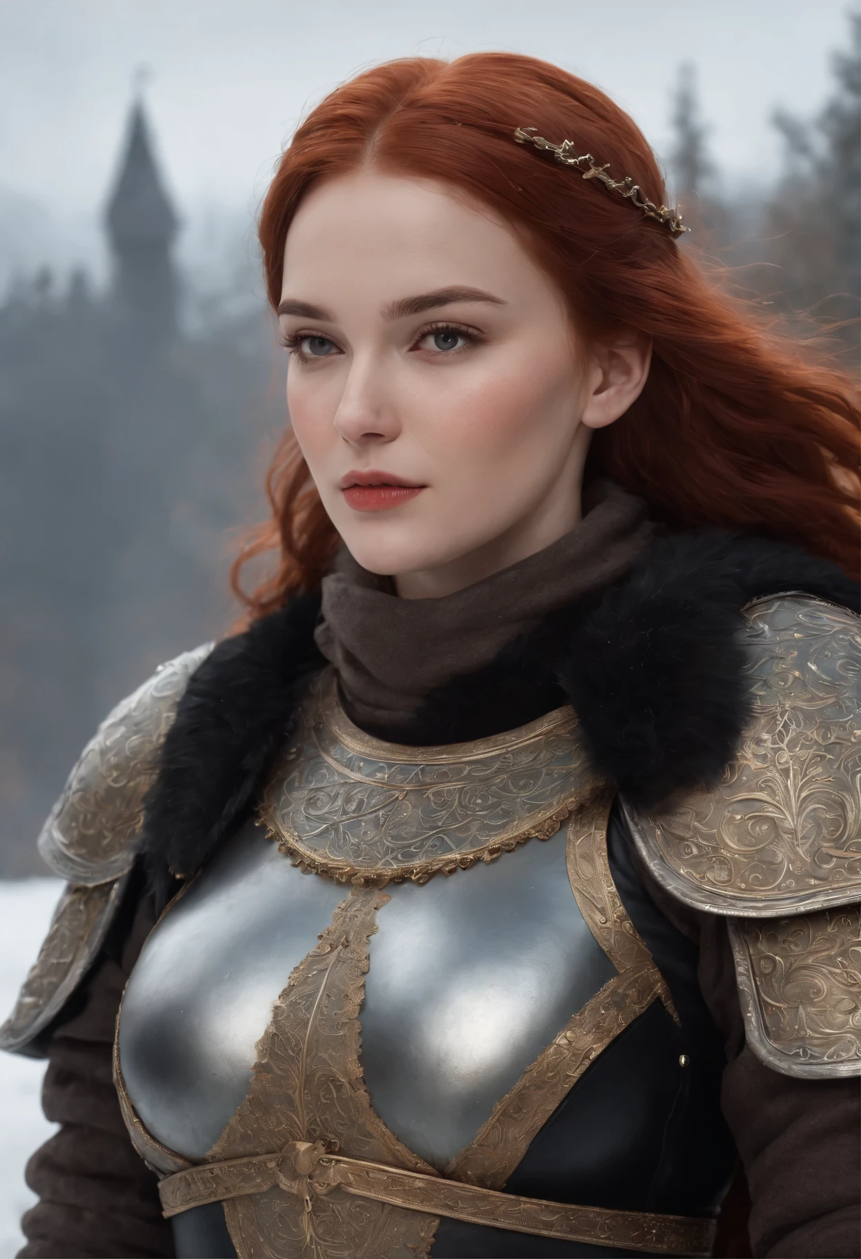 A black medieval winter scene featuring a chubby female with red hair wearing sexy minimal small armor and really smal black clothing. The female character has a thick body, thick legs, thicc thighs, and the widest hips. The emphasis is on the photo taken from the back to showcase the character's big booty. The image quality should be the best, with a high resolution of 4k or 8k, and it should be ultra-detailed and realistic. The art style should reflect a medieval setting with vivid colors, and the overall color tone should convey a winter atmosphere. The lighting should enhance the depiction of the character's curves and highlight the details of the armor and clothing, in bedroom,