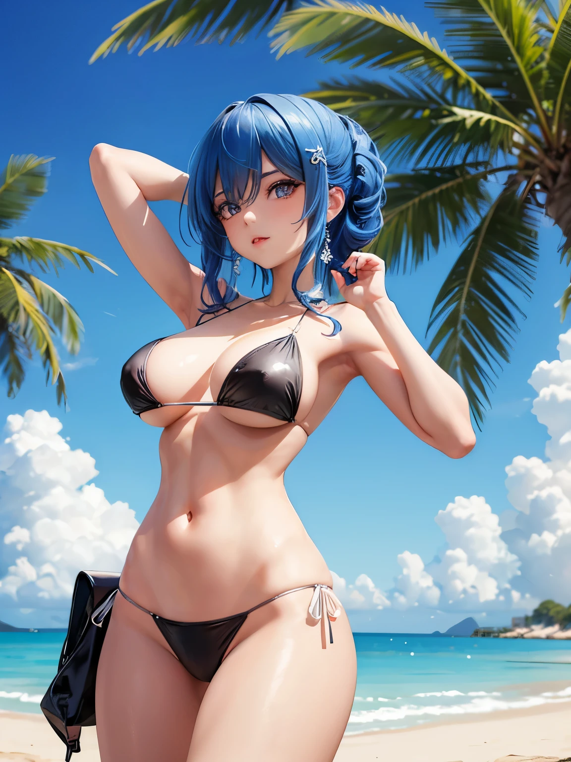 a anime girl in a bikini posing on a beach with palm trees, perfect body, sexy girl, beautiful body and face, sexy body, with beautiful exotic, beautiful anime girl, gorgeous bikini model, jaw-dropping beauty, japanese goddess, beautiful body, attractive body, perfect body and face, sexy hot body, great body, anime girl, brown hair and a perfect body, sexy pose, with big blue eyes