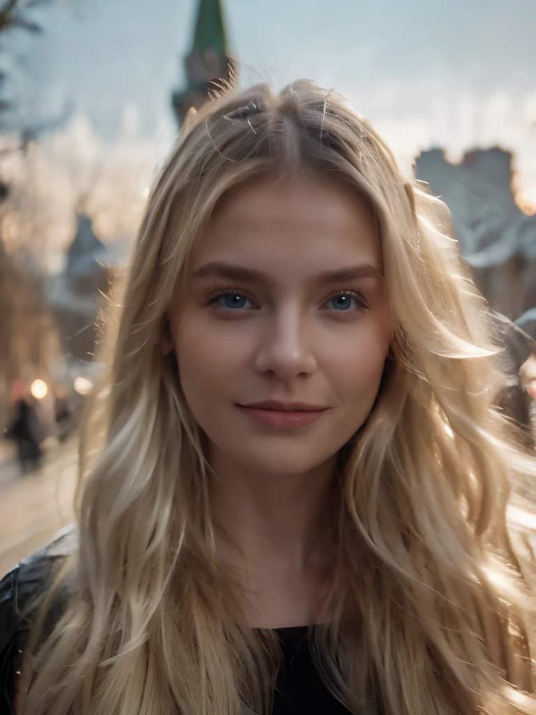 realistic photo, blonde with long hair in the center of Moscow