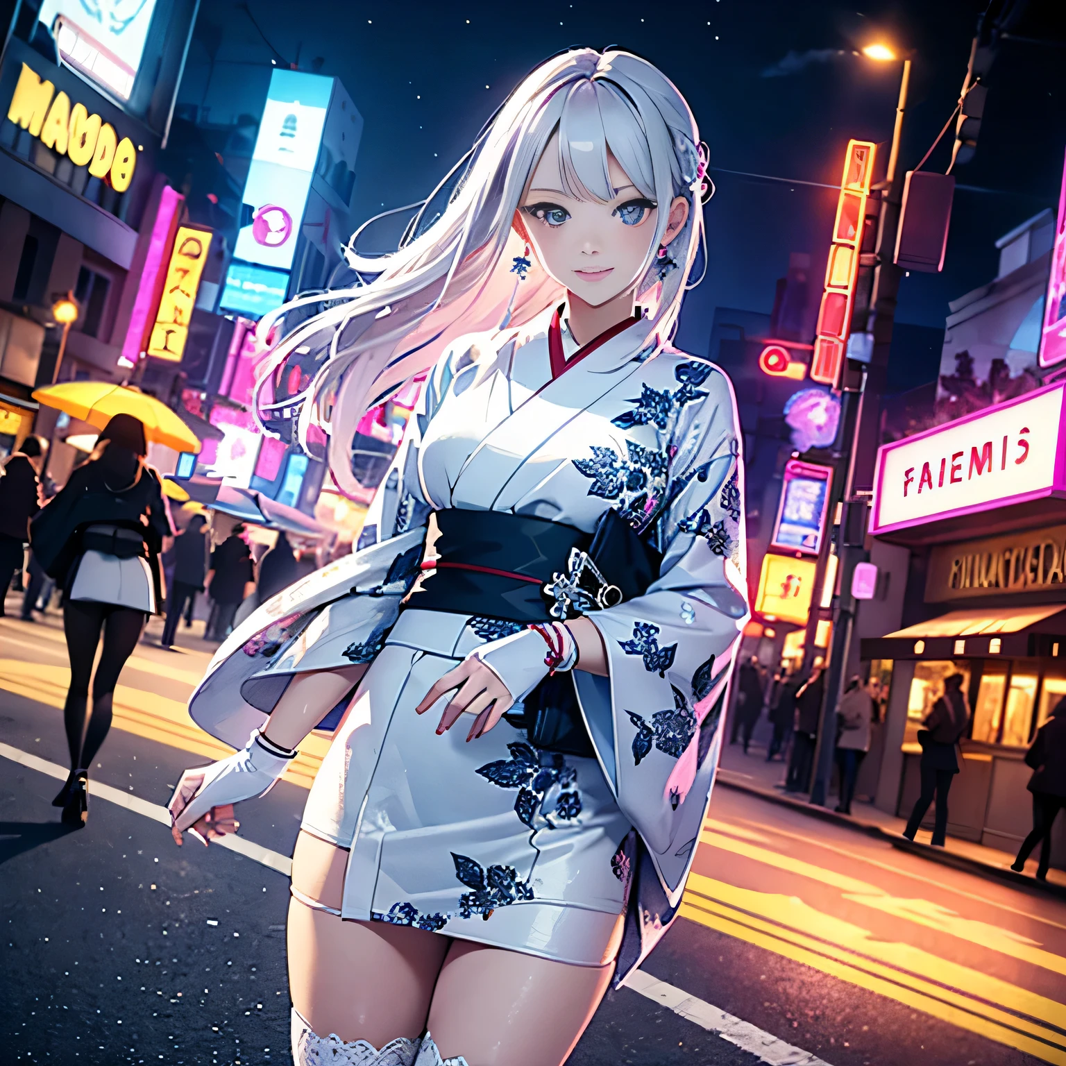 dynamic angle, (1 girl), ((masterpiece:1.4, highest quality)), ((masterpiece, highest resolution)), (beautiful illustrations),(Beautiful semi-long silver hair),cute office lady,  (Elegant kimono with floral pattern), (looking at the viewer),
 innocent smile, white over knee high,lace chalk, Wristband, fingerless gloves, over knee high,
lace chalk, diamond necklace,Wristband, fingerless gloves, earrings, the wind is strong,cinematic lighting, red light district,night, neon,
