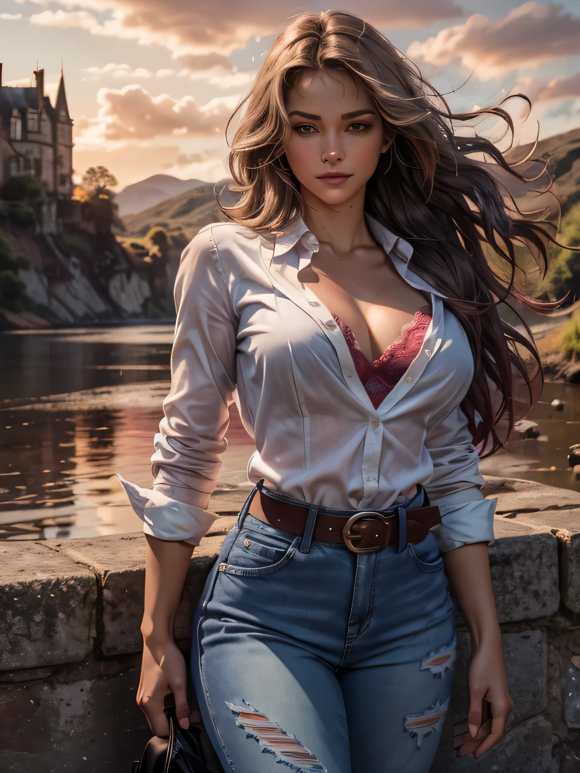 Foreground: a gorgeous woman, wet wavy hair in the wind. she's a men magazine model, She has a subtle smile and flirts with the camera, (white unbuttoned silk shirt, burgundy lace bra and burgundy worn denim pants with big belt:1.2), background landscape of Scotland Loch and Scottish castle ruins, (in sunset light:1.2), , perfect eyes, perfect hands, perfect body, perfect hair, perfect breast, hair behind ear, UHD, retina, masterpiece, accurate, anatomically correct, textured skin, super detail, high details, high quality, award winning, best quality, highres, 16k, 8k,