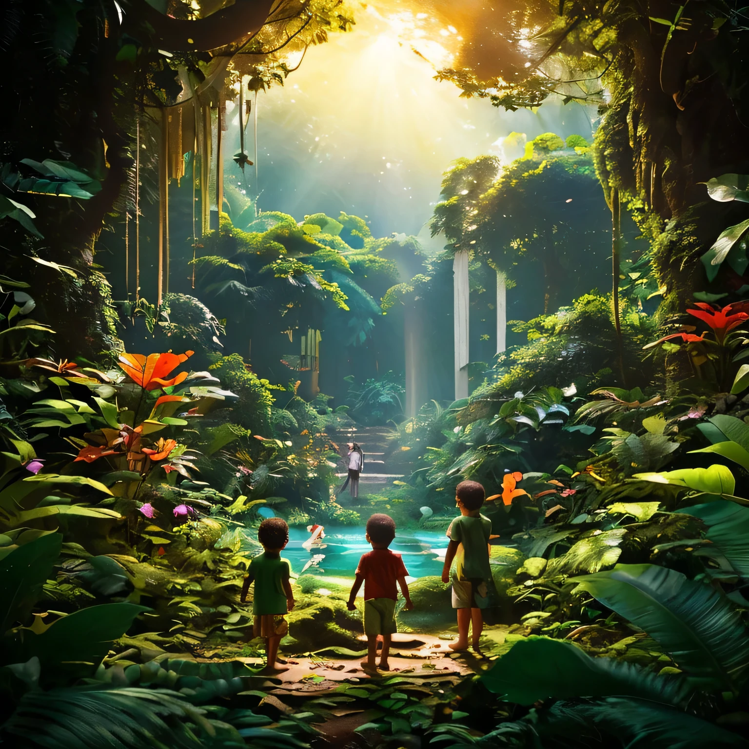 A group of children, including Ali, playing joyfully amidst lush greenery in a dense jungle. The sunlight filters through the canopy, casting dappled shadows on the forest floor. Ali stands slightly apart from the others, his gaze fixed on a lone stone lying nearby, his curiosity piqued by its presence.