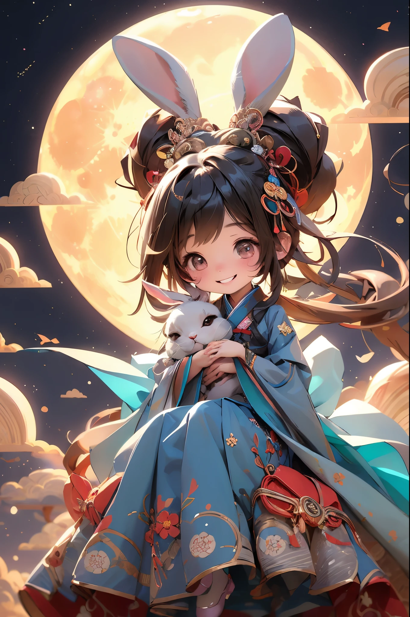 masterpiece,highest quality, 1girl chibi, smile, hanbok rabbit、full moon 