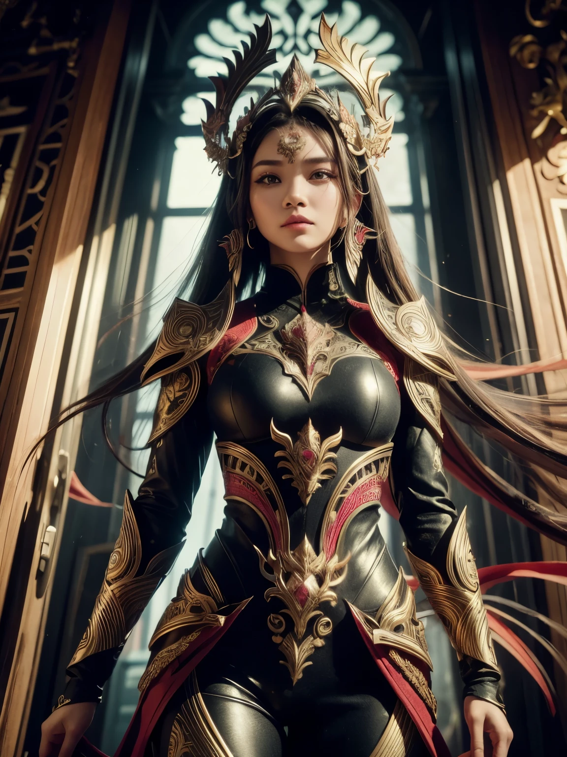 An Indonesian-styled futuristic suit worn by a girl depicting cultural fusion and modern fashion. The suit is adorned with intricate patterns and vibrant colors, showcasing the rich heritage of Indonesia. The girl stands confidently in a dynamic pose, with her detailed eyes reflecting determination and curiosity. The suit's material is a combination of traditional textiles and futuristic synthetic fabrics, giving it a unique and avant-garde appearance. The overall image quality is of the highest standard, with sharp focus and ultra-detailed rendering. The artwork employs physically-based rendering techniques, resulting in realistic lighting and shadows. The colors are vivid and vibrant, capturing the essence of Indonesian cultural aesthetics. The background features a fusion of modern architecture and traditional elements, creating a harmonious blend of the past and the future. The prompt explores the intersection of Indonesian culture, futuristic design, and the artistic representation of a confident girl