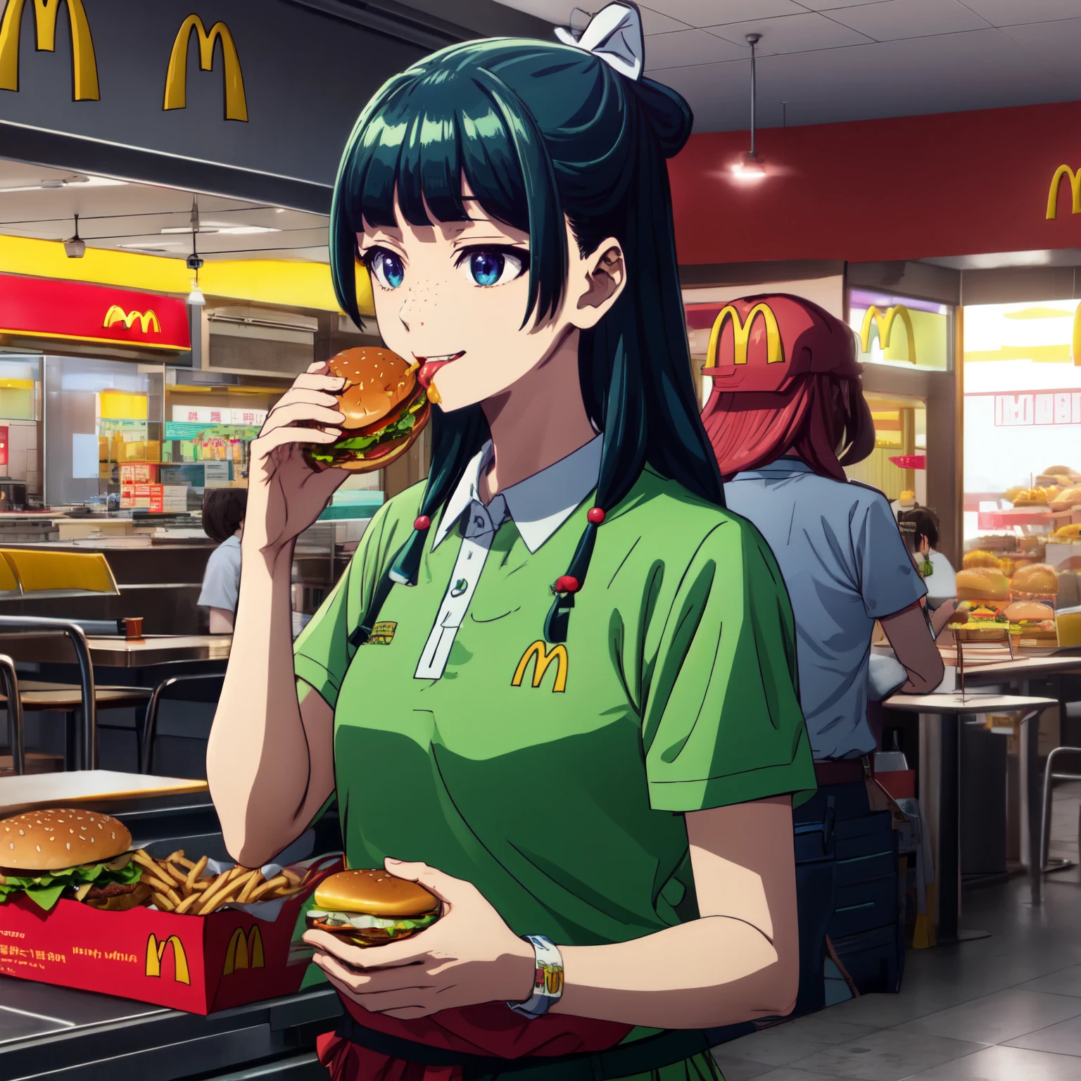 Are thin、green hairstyle,、Only one girl is in the picture、smile、solo shot、wearing McDonald&#39;s uniform、I work at McDonald&#39;s、eating a hamburger