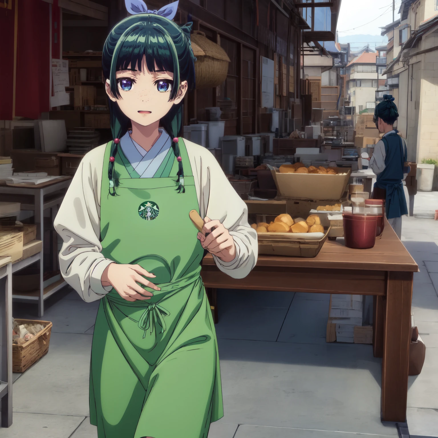 Are thin、green hairstyle,、Only one girl is in the picture、smile、solo shot、starbucks apron、white shirt、running outside