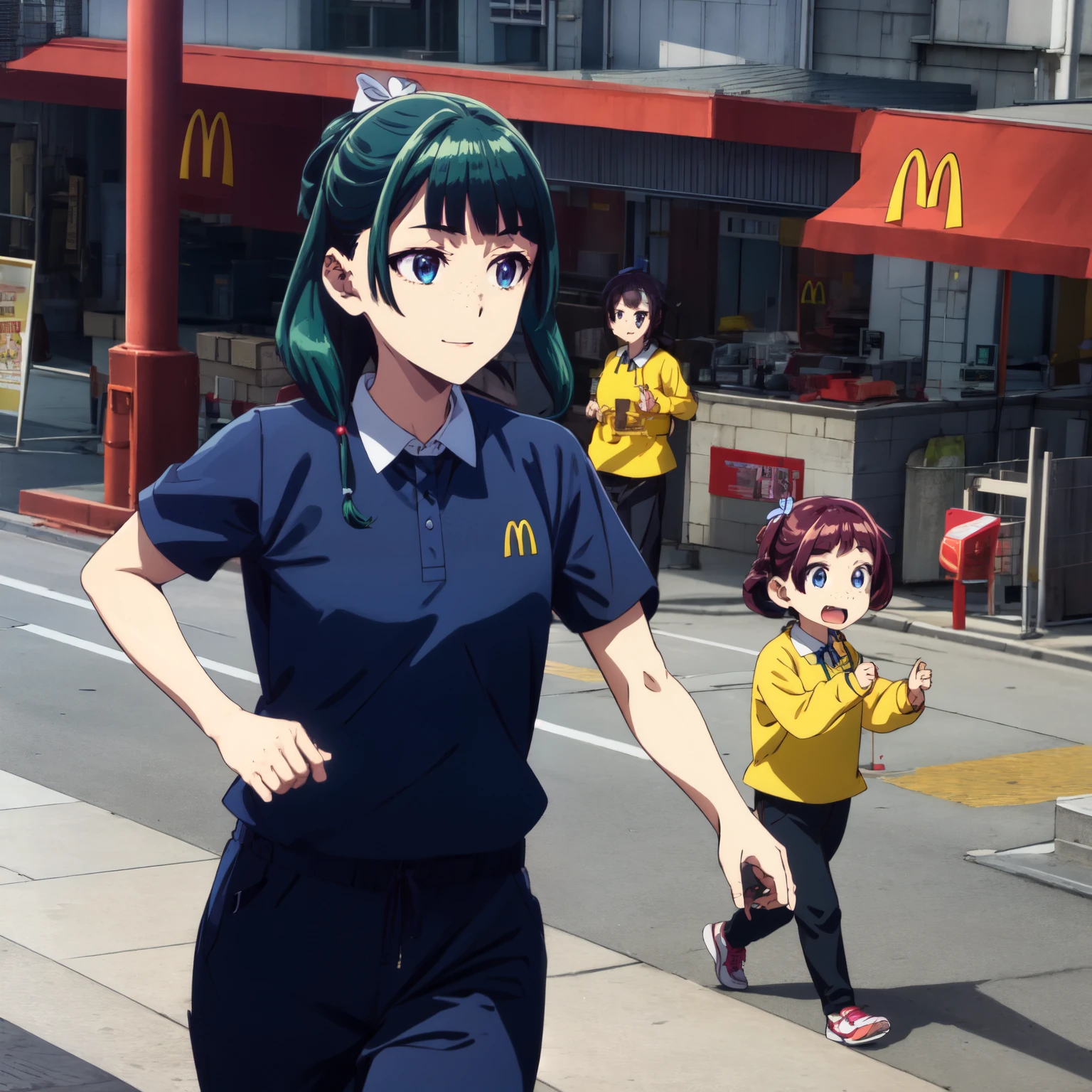 Are thin、green hairstyle,、Only one girl is in the picture、smile、solo shot、wearing McDonald&#39;s uniform、running outside