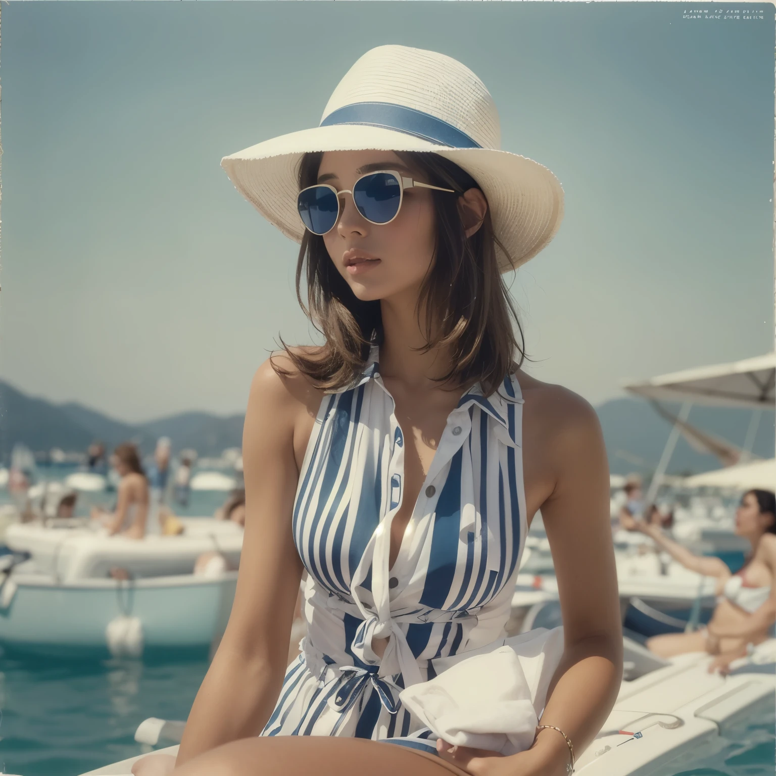 Magnifique jeune femme, en maillot une pièce blanc avec des rayures bleu-marine, vintage, 1970, petits seins, corps parfait, largr chapeau blanc, lunettes de soleil, made up