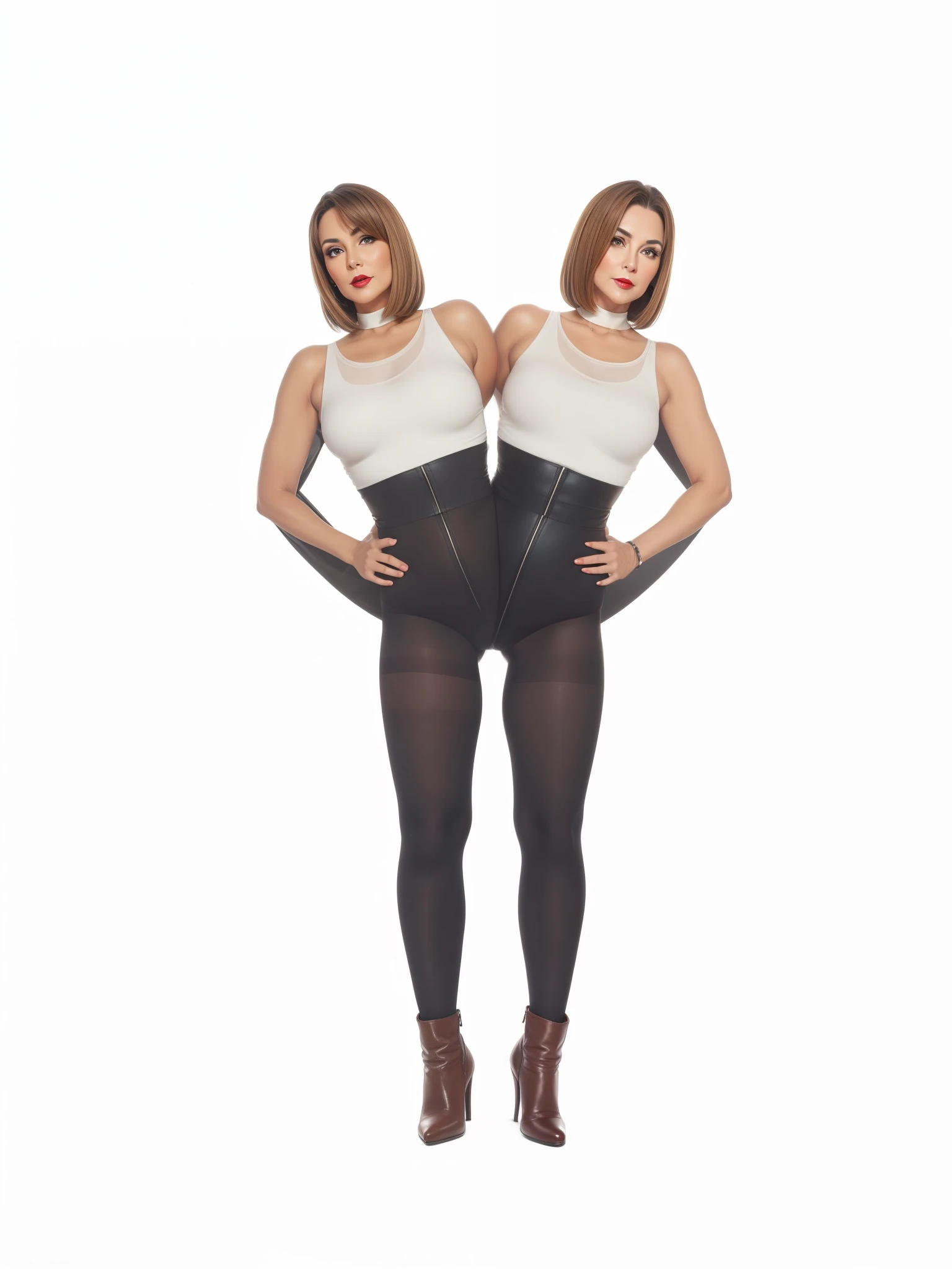 2 heads,Portrait of a 60 year old woman with short brown hair, captivating gaze, brown eyes, wrinkles on her face, black pantyhose,high heel boots,reveal her big saggy breasts, light makeup and red lips. 32k
