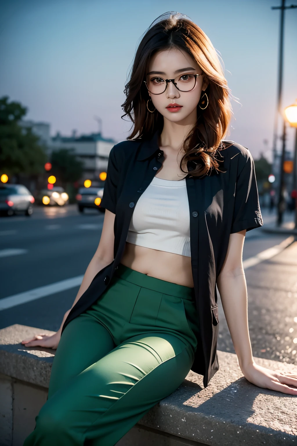 ((best quality)), ((masterpiece)), (detailed), perfect face, (8k, RAW photos, top quality, masterpiece: 1.2), (realistic, photorealistic: 1.37), (High Quality), (Ultra realistic), (High Details), (Face detail), (Shadow Detail), slim belly, 1 dhaka city girl, red hair, red earrings, soft make-up, eyeshadow, eyeliner, red lips, sexy face, sexy expression, dark green colour shirt, black colour short pant, eye glasses, night sky, sit on the street bench, full body