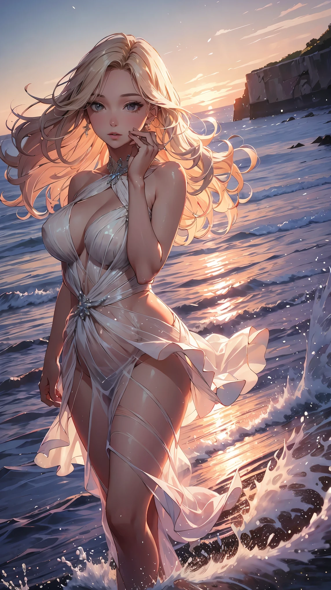 concept:Portrait of a woman dancing on the sea. quality:(最高quality, 4K, 8K, High resolution, masterpiece:1.2), Super detailed, (realistic, フォトrealistic:1.37). illumination:Bright colors, Lens flare, The overall dramatic atmosphere of the scene, 優美なillumination, Soft and warm color palette. Subject information:Attractive woman dancing in the sea, Long blonde hair fluttering in the wind, Glittering dresses, The hem of a dress fluttering in the wind, beautiful detailed eyes, beautiful detailed lips, long eyelashes, elegant pose, captivating gaze, elegant dance steps:1.4, Captivating rhythm, subtle reflection, flowing fabric, delicate sense of movement. Other details:sparkling water, Clear skies, Sunlight pouring down, breeze, Soft waves, romantic atmosphere, sparkling background, sea view, Elegant fluidity, quiet atmosphere, majestic performance, An otherworldly experience, whisper of light, Fantastic effects with soft focus lenses, soft natural light, Illustration of movement, Blur, Lens flare, background bokeh, surreal, bright colors.