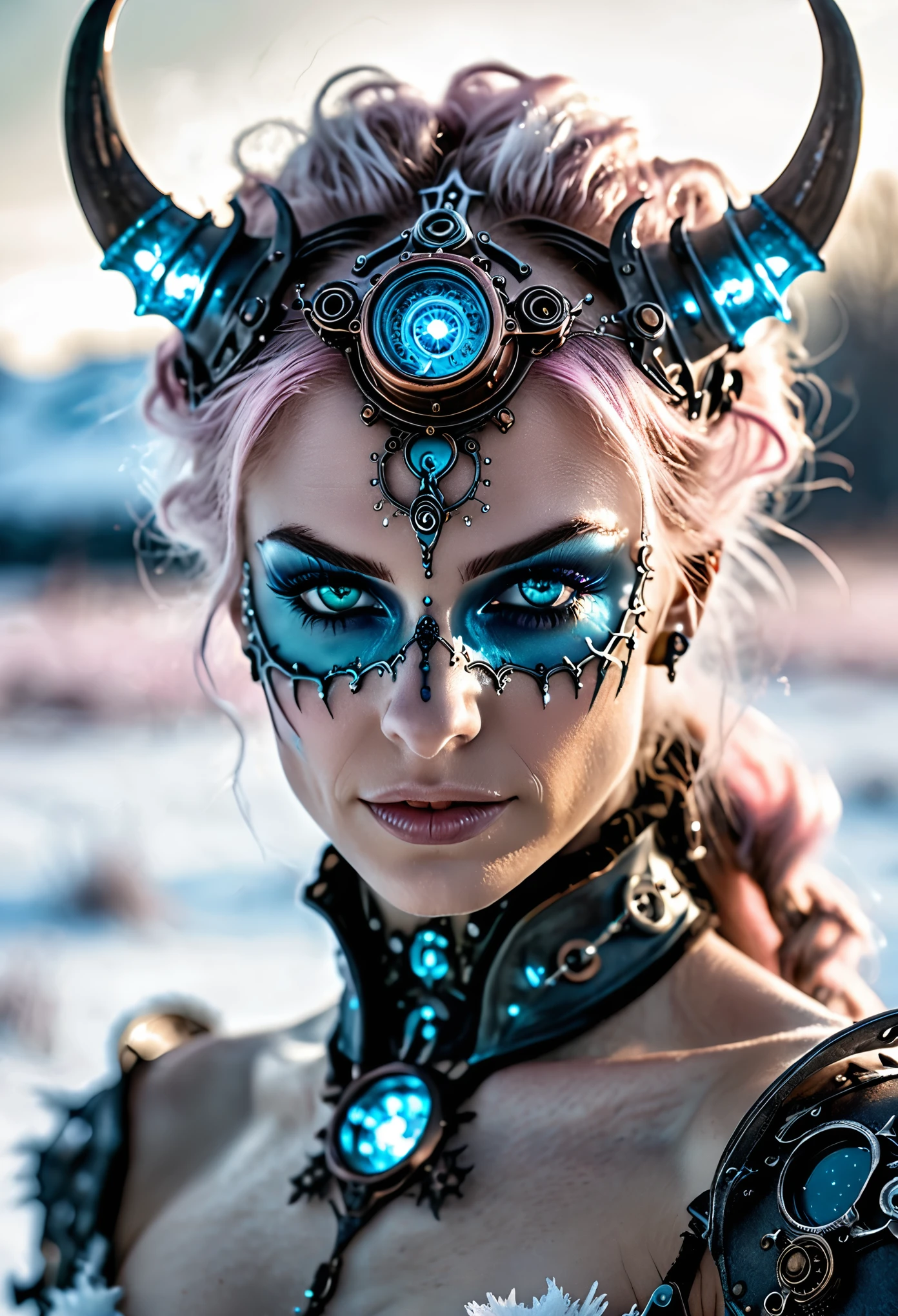 photo shot on Nikon D850, 16k, masterpiece, Detailed, breathtaking, atmospheric perspective, diffusion, natural skin texture, DSLR, 80mm Sigma f2, depth of field, film grain, intricate natural lighting, full length photo of beautiful steampunk demon with icy blue and white lighting standing in icy field, topless, light grey and pink, energy-filled illustrations, extremely sexy, detailed face and eyes, no makeup, little smiling, highly detailed, dark fantasy aura, faded colours.