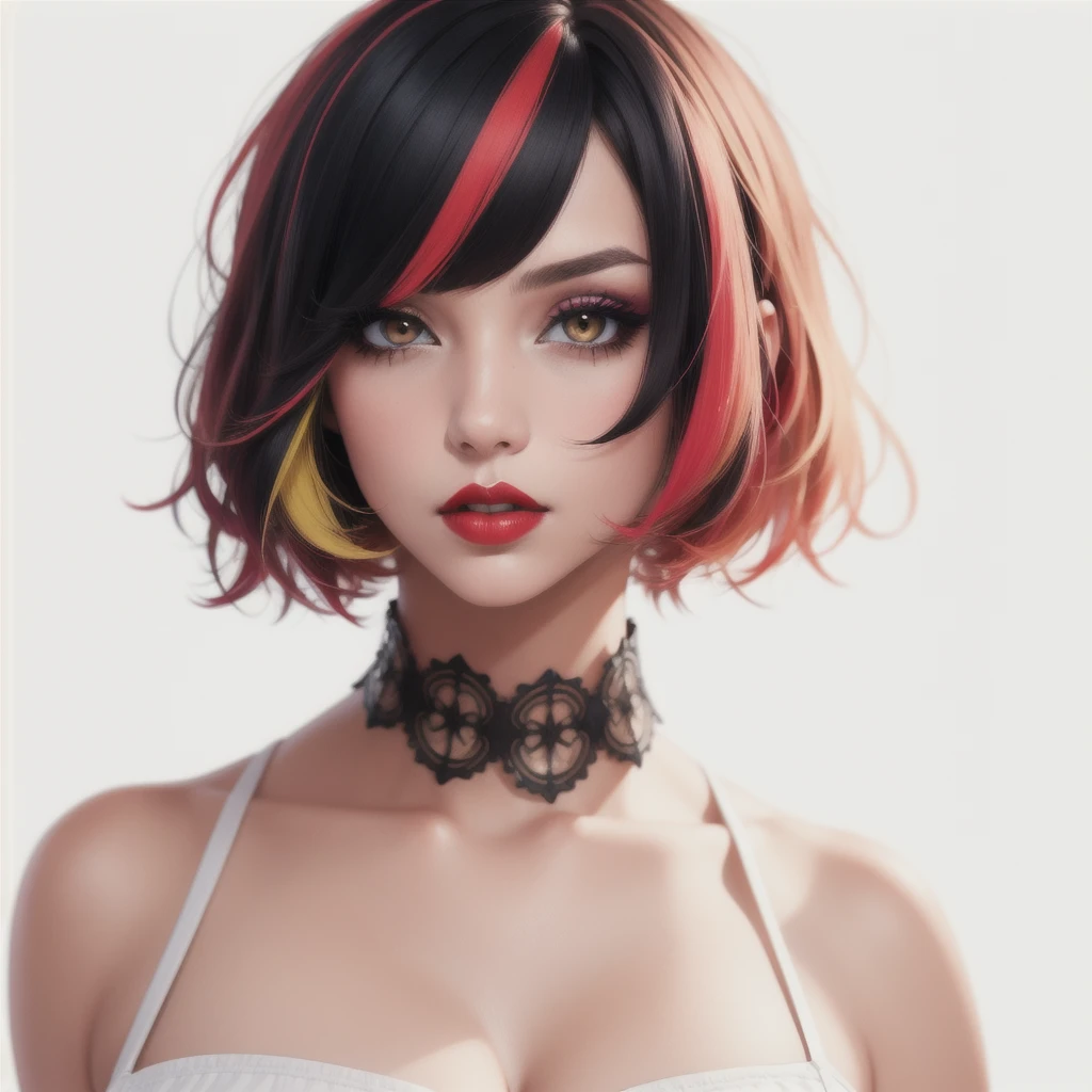 1girl, solo, upper body, looking at viewer, white background, bob cut, short hair, multicolored hair, makeup, parted lips, red lips, eyeliner,