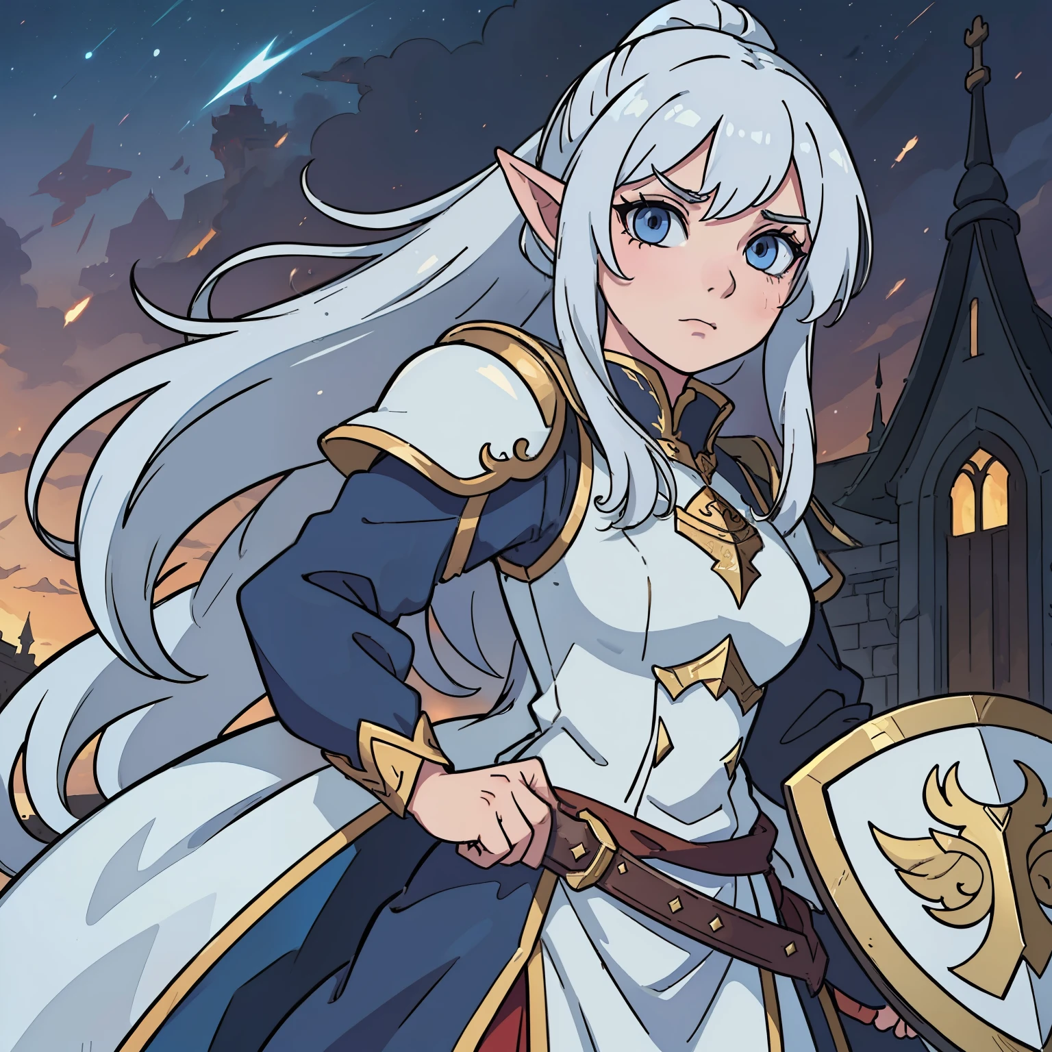 (((masterpiece))), (((best quality))), illustration, single character, game character, rpg character, high elf female character, female elven knight, white plate armor with golden details, ponytail white hair, elven ears, light blue eyes, painful face expression, concerned, full plate armor, sword and shield, medieval palace castle in background, dark red sky, nightly mood, sinister clouds, horror mood, anime character, 8k, awesome quality