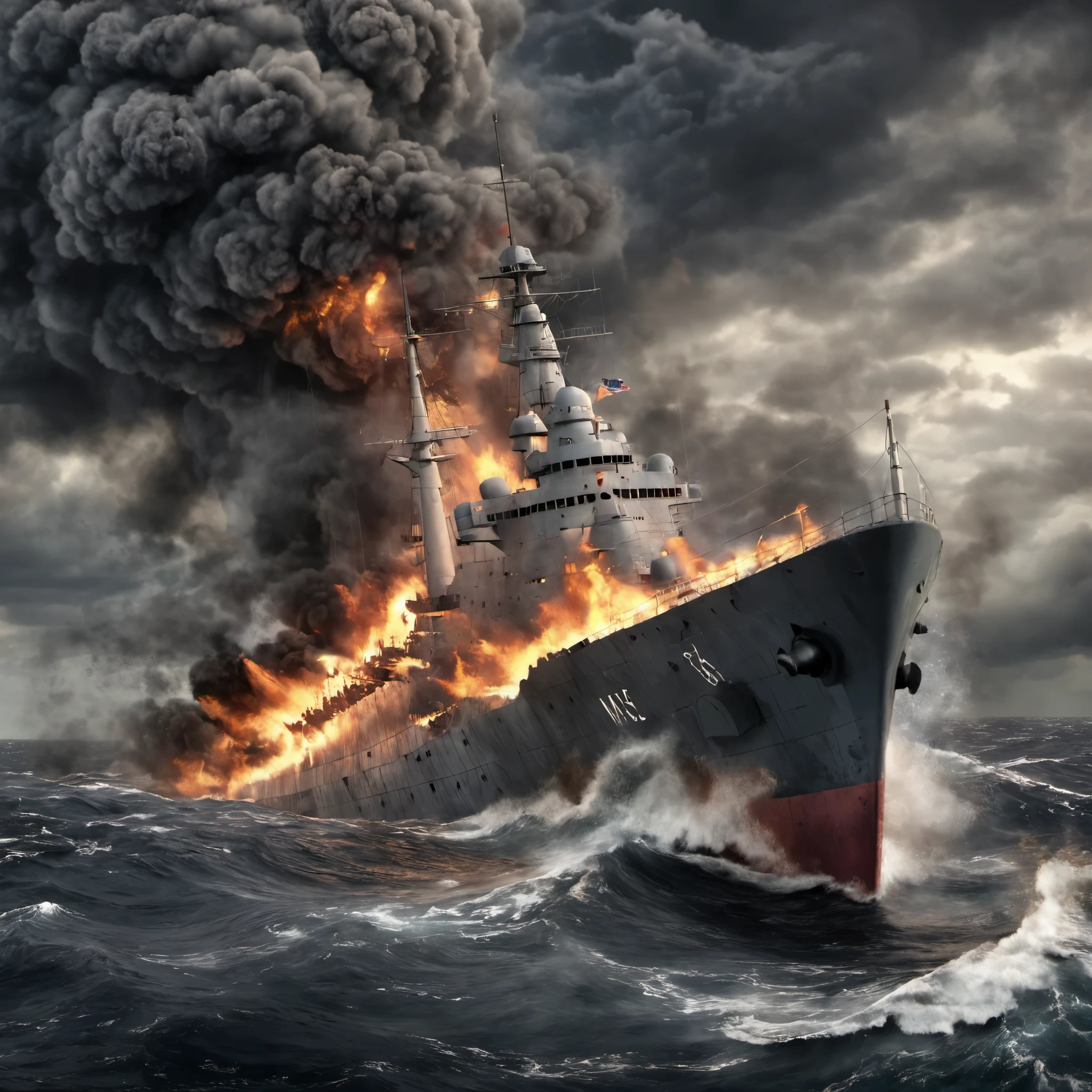 a sinking military cruiser,(best quality,ultra-detailed,realistic,highres),modern warship,sinking,stormy sea,damage,huge waves,dark clouds,desperation,chaos,explosions,smoke and fire,ominous atmosphere,(long distance view, aerial view)