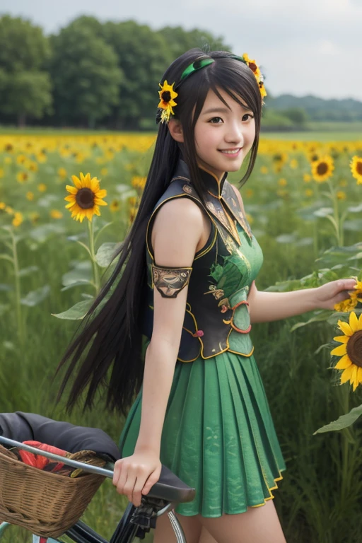 Guan Yinping, Black发, brown eyes, hair accessories, hair flower, Half body, Black, 上Half body,pretty face,Lovely,high school student,Smile,small dress,Cycling,Blue and green yellow,enthusiastic,Sunlight,grassland,Cosmos,sunflower