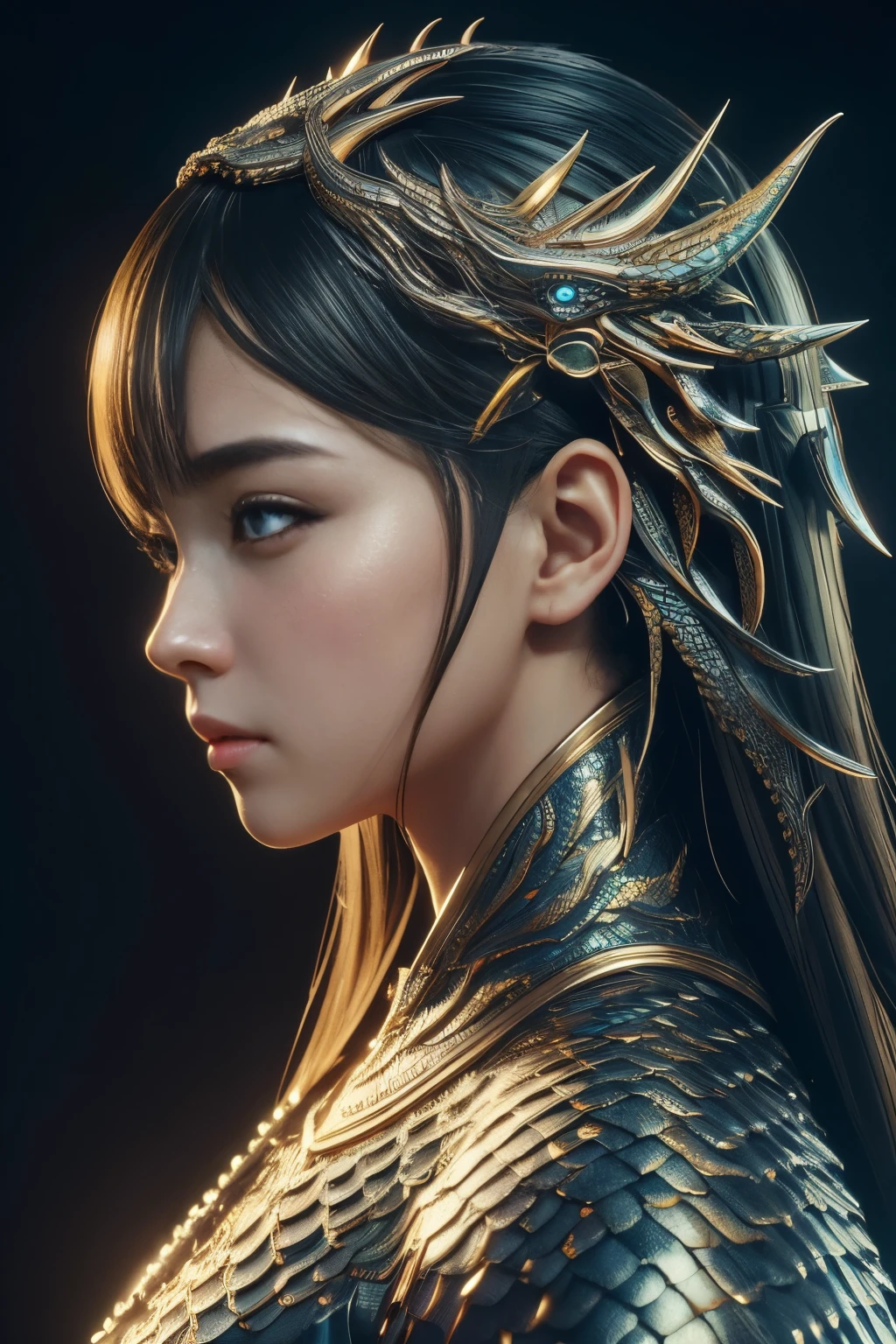 (high quality), (masterpiece), (detailed), 8K, Hyper-realistic portrayal of a futuristic (1girl1.2), Japanese character adorned with dragon scales. Meticulous details capture the seamless blend of tradition and innovation in this visually stunning composition. Trending on Artstation.