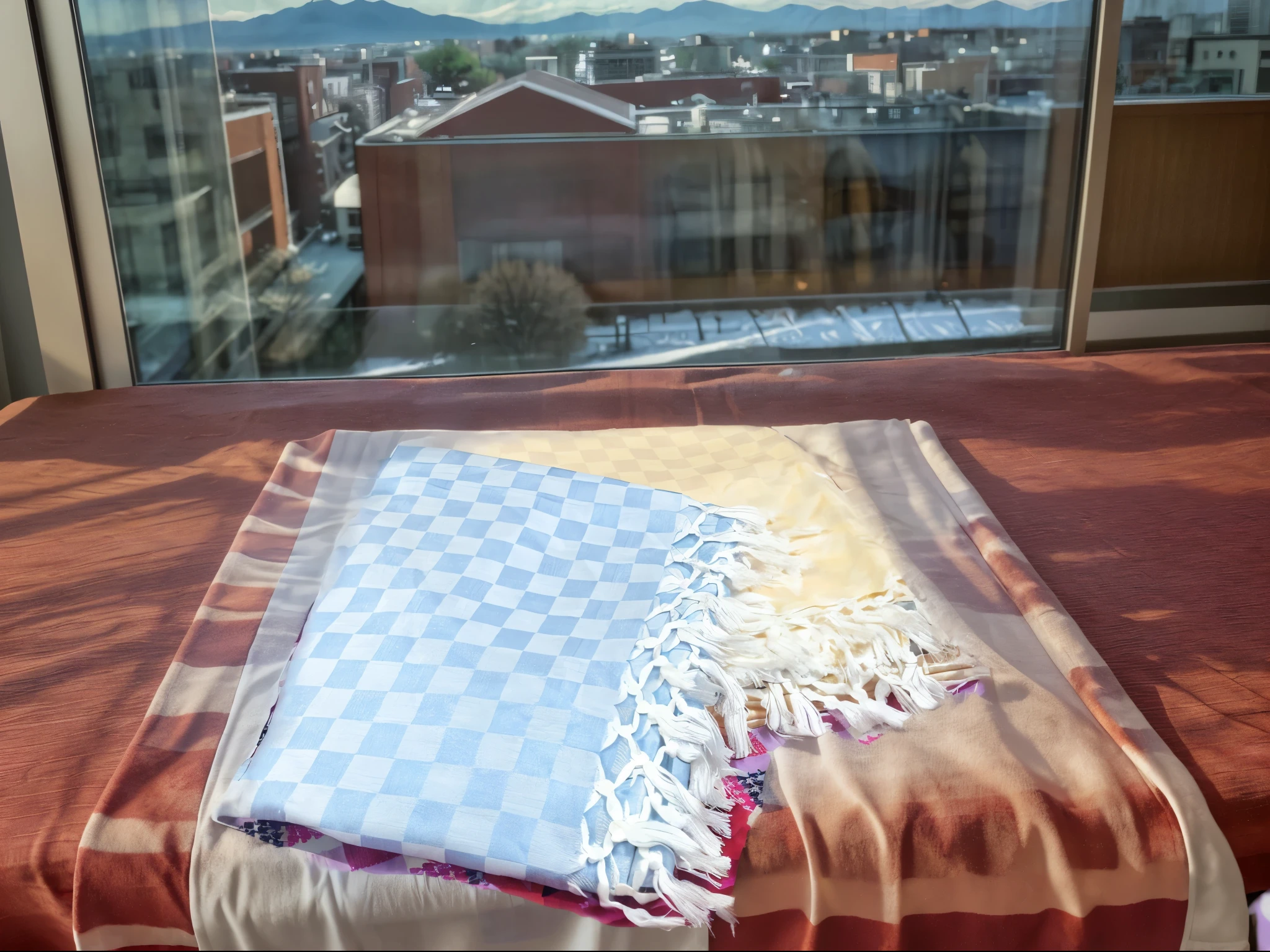 blanket on table in hotel room ,beautiful scenary behind through hotel window