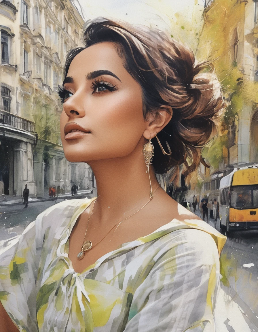 photo of beautiful a woman, (bckygrebmargom), (on a Moscow street:1.1), perfect hair, hair upsweep updo, wearing sexy Chartreuse (shoulder sash), (paparazzi in background:1.1), (face focus), modelshoot style, (extremely detailed CG unity 8k wallpaper), professional majestic (photography by ansel adams:1.1), 24mm, exposure blend, hdr, extremely intricate, High (Detail:1.1), dramatic, soft cinematic light, (looking at viewer), (detailed pupils), 4k textures, soft cinematic light, elegant, ((((cinematic look)))), soothing tones, insane details, hyperdetailed,light natural tones , pencil drawing , watercolor drawing, portrait of a woman, detailed eyes, beautiful , highly detailed, soft color tones, soft lighting, detailed lines, sharp, realistic, brush strokes, light hints of paint drips