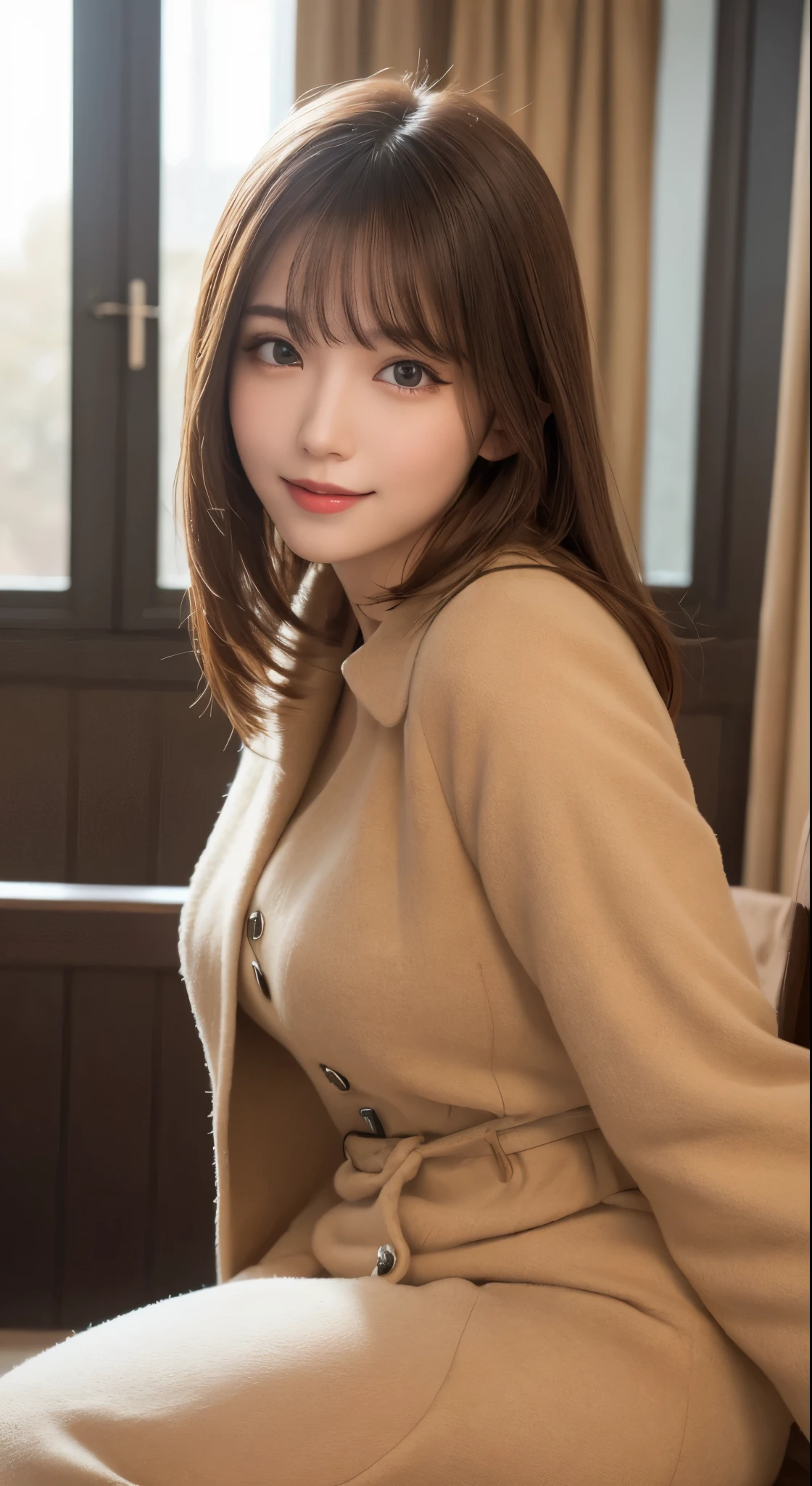table top, highest quality, shape, Super detailed, finely, High resolution, 8k wallpaper, 完璧なダイナミックな構shape, beautiful and detailed eyes, medium hair, small breasts, natural color lip, random sexy pose,smile,big city、20 year old girl、midnight、Beautiful and dense face、perfect and beautiful face,Big eyes、Raw photo、Spread your arms and legs wide、Expressing feminine poses with your whole body、beautiful and detailed eyes、small face、beautiful duplex、slim face and style,black luxury brand coat(inside：winter dress)、beautiful golden ratio face、blur background