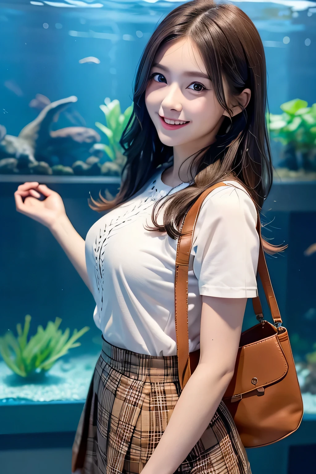Angelique is a very beautiful and cute girl.,( fine and beautiful eyes:1.3), beautiful double eyelids, (Big eyes:1.3), brown straight medium hair, See-through bang, beautiful detailed face and eyes, (Beautiful hazel eyes、perfect symmetrical eyes)、laughter,(close:1.2)、aquarium、aquariumでデートをしている、full body、full body style、have a small bag、Very large, full-breasted skirt、perfect open mouth smile、cute smile、It's a fun atmosphere、Looking at the aquarium with his back turned to me