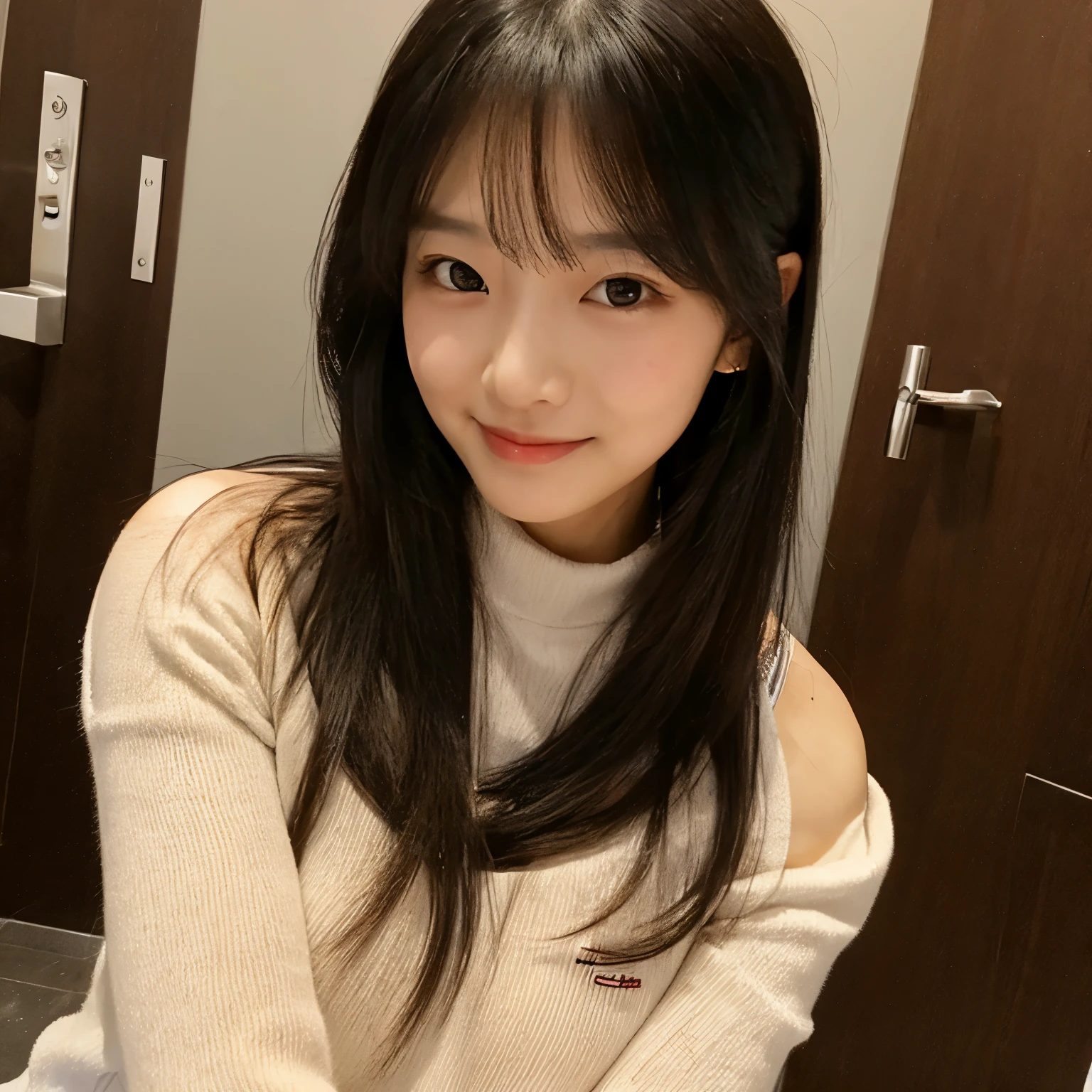 Highest image quality,selfie,long sleeve,bare shoulders,medium hair,Izakaya